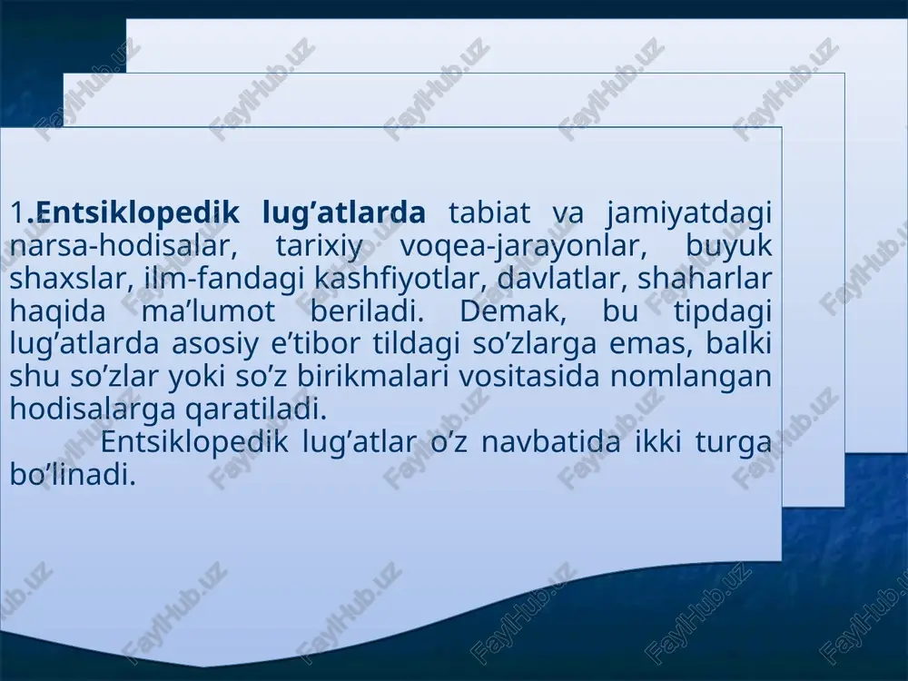 dinov, k.kokren, m.saidxonov, a.sobirov, d.quronov, 2001), "turkcha-o’zbekcha, o’zbekcha-turkcha lug’at" (nizomiddin mahmud, ertug’ul yaman, 1993) shular jumlasidandir. tanlangan tillar miqdoriga ko’ra lug’atlar bir tilli, ikki tilli va ko’p tilli bo’ladi: "adabiyotshunoslik terminlari lug’ati" (h.homidiy, sh.abdullaeva, s.ibrohimova, 1967) bir tilli; "ruscha-o’zbekcha va o’zbekcha-ruscha geografiya terminlari lug’ati" (h.h.xasanov, 1964), "adabiyotshunoslikdan qisqacha ruscha-o’zbekcha terminologik lug’at" (n.t.hotamov, 1969), "ruscha-o’zbekcha botanika terminlarining qisqacha izohli lug’ati" (q.z.zokirov, m.n.nabiev, o’.pratov, h.a.jamolxonov, 1963), "ruscha-o’zbekcha lug’at" (v.v.reshetovning umumiy rahbarligida, 1972) kabilar ikki tilli; "lotincha-o’zbekcha-ruscha normal anatomiya lug’ati" (a.a.asqarov, h.z.zohidov, 1964). "botanikadan ruscha-o’zbekcha entsikopedik lug’at"ga (q.z.zokirov, h.a.jamolxonov) ilova qilingan "botanik nom va terminlarning o’zbekcha-ruscha-lotincha so’zligi" (201-254-betlar) hamda "botanik nom va terminlarning lotincha-ruscha-o’zbekcha so’zligi" (255-294-betlar), "zoologiya entsiklopediyasi"ga (t.z.zohidov) ilova qilingan "sut emizuvchilarning o’zbekcha-lotincha-ruscha nomlari" (1960, 210-228 betlar) hamda "suvda va quruqlikda yashovchilar va sudralib yuruvchilarning o’zbekcha-lotincha-ruscha nomlari" (1969, 195-226 betlar) esa ko’p tilli lug’atlardir. ikki tilli va ko’p tilli lug’atlardan asosan tarjimachilikda foydalaniladi. shu sababli ular tarjima lug’atlari deb ham yuritiladi. so’z …