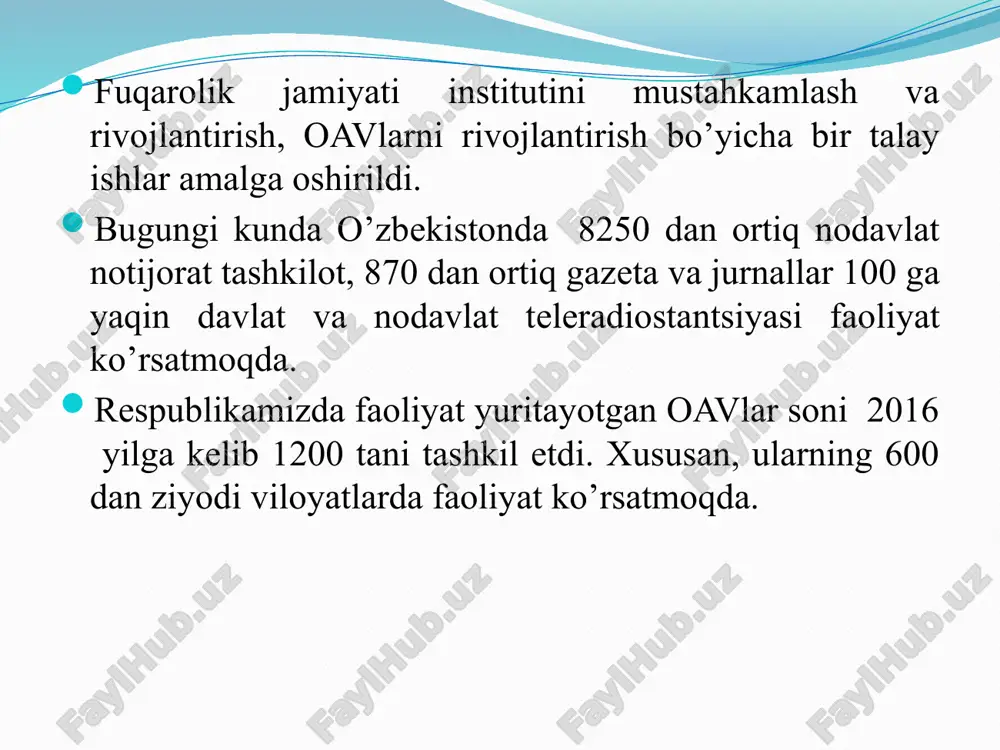 y huquqlar to‘g‘risidagi xalqaro pakt», o‘zbekiston respublikasining xalqaro tashkilotlar va boshqa davlatlar bilan axborot siyosatiga doir tuzgan bitim va shartnomalari hisoblanadi. mazkur huquqiy hujjatlar axborotni izlash, olish, tarqatish jarayonlari va ommaviy axborot vositalari faoliyatini bevosita yoki bilvosita tartibga soluvchi normalardir. «ommaviy axborot vositalari to‘g‘risida»gi qonun (2007-yil 15-yanvar’); «axborot olish kafolatlari va erkinligi to‘g‘risida»gi qonun (1997-yil 24-aprel’); «jurnalistlik faoliyatini himoya qilish to‘g‘risida»gi qonun (1997-yil 24-aprel’); «axborot erkinligi prinsiplari va kafolatlari to‘g‘risida»gi qonun (2002-yil 12-dekabr); «noshirlik faoliyati to‘g‘risida»gi qonun (1996-yil 30-avgust); «mualliflik huquqi va turdosh huquqlar to‘g‘risida»gi qonun (2006-yil 20-iyul’); «reklama to‘g‘risida»gi qonun (1998-yil 25-dekabr); «axborotlashtirish to‘g‘risida»gi qonun (1993-yil 7-may); «telekommunikatsiyalar to‘g‘risida»gi qonun (1999-yil 20-avgust). shaxsiy daromad – milliy daromaddan ijtimoiy sug’urta ajratmalari, korxona foydasidan olinadigan soliqlar va korxonaning taqsimlanmaydigan foydasini chiqarib tashlash hamda aholi qo’liga kelib tushadigan ijtimoiy to’lovlar summasini qo’shish yo’li bilan aniqlanadi. oraliq mahsulot – ishlov berish, qayta ishlash va qayta sotish maqsadlarida sotib olingan mahsulotlar. pirovard mahsulot – …