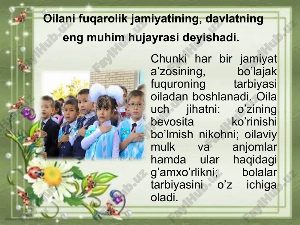 kiydirishi lozim. . oilani erkak kishi boshqaradi. u nafaqat «topib keladi», balki oilaviy mulkka xo’jayinchilik qilish, uni taqsimlash huquqiga ham ega. oilada bolaning ahamiyati nihoyatda katta. ota bolada o’z jufti halolini, ona esa sevimli erini ko’radi: bolada er xotinning muhabbati predmetlashadi, jonlanadi. bola – oilani tutib turuvchi jonli muhabbat. bolalar oilada umumiy oilaviy mulk hisobiga eb-ichadilar, tarbiya oladilar. oilada bolalar intizomli bo’lib o’smoqlari, ota-onaga bo’ysinishlari lozim. lekin bu intizom qullikka o’rgatish emas, balki bolalariga hos erka-tantiqlik, o’zboshimchalik singari salbiy hususiyatlarni yo’qotishiga xizmat qilishi kerak. ota-onaga bo’ysunishdan bosh tortishga yo’l qo’yish bolaning kelajakda qo’pol badxulq nokamtarin bo’lib etishuviga olib keladi. shu bois oila ilk axloqiy tarbiya o’chog’i sifatida ham katta ahamiyatga ega. image2.jpeg image3.jpeg image4.jpeg image5.jpeg image6.jpeg image7.jpeg image8.jpeg image9.jpeg image10.jpeg image11.jpeg image12.jpeg image1.jpeg we | n sig ps ; oo /docprops/thumbnail.jpeg “osent vloyt gara davah padagagha ntl pauley nas 2 ematovagutranng oa jemotsn jslsheh retool