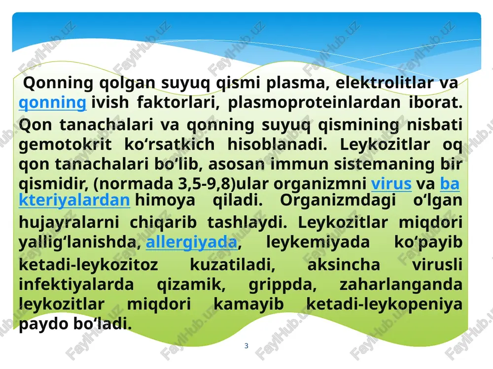 ning oqsil-lipid membranasini buzuvchi xloroform, efir sabab bo'lishi mumkin. biologik gemoliz ilonlar, hasharotlar, mikroorganizmlar zaharlari ta'sirida, immun gemolizinlar ta'sirida mos kelmaydigan qonni quyishda sodir bo'ladi. termal gemoliz eritrotsitlar membranasini muz kristallari bilan yo'q qilish natijasida qon muzlatilgan va eritilganda sodir bo'ladi. mexanik gemoliz qonga kuchli mexanik ta'sirlar bilan sodir bo'ladi, masalan, ampulani qon bilan silkitadi. mos kelmaydigan qonni quyishda immun gemoliz va eritrotsitlarga otoantikorlarning mavjudligi. 13 klinik ahamiyati. normdan oshib ketish yoki pasaytirish ma'lum bir patologik jarayonning rivojlanishini ko'rsatadi va shuning uchun indikatorni doimo kuzatib borish kerak.ko'rsatkichlar normasi o'tkir va surunkali kasalliklar tufayli buzilishi mumkin. 14 maksimal qarshilik ko'rsatkichlari quyidagi hollarda kuzatilishi mumkin: ateroskleroz; oshqozon-ichak traktidagi malign neoplazmalar; talassemiya; politsitemiya, lekin faqat ba'zi hollarda; splenektomiya; gemoglobinopatiya; gemoglobinoz; konjestif sariqlik; tug'ma qon kasalliklari; tizimli va otoimmün patologiyalar. 15 aminotransferazlar (alat i asat) - bular amin guruhlarini molekulalar orasida tashilishini taʼminlovchi fermentlardir. ikkala ferment odam organizm to‘qimalarida keng tarqalgan. asatning eng boy …