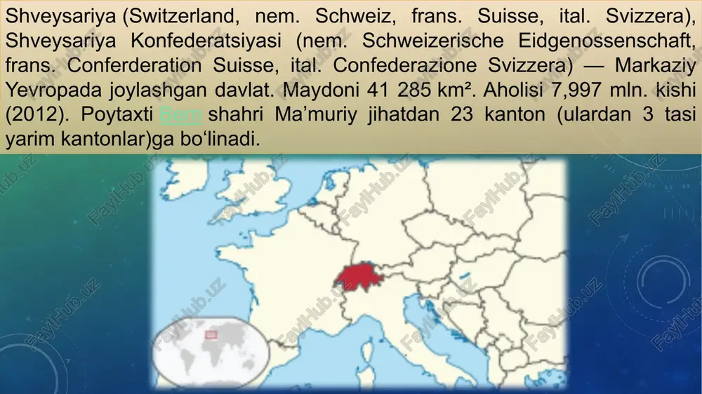 b, shveytsariya o'zini o'zi boshqarishga intilayotgan jamoalar (kantonlar) ittifoqi edi. 1291 yil avgust oyining boshida firvaldstet ko'li bo'yida yashovchi shvits, uri va untervalden o'rmonli kantonlari dehqonlari ittifoq tuzib, gabsburglar hukmronligiga qarshi kurashda bir-birlariga yordam berishga qasamyod qilishdi. sulola; o‘jar kurashda o‘z mustaqilligini himoya qildilar. 1 avgust - konfederatsiya kuni (shveytsariyaning milliy bayrami). shu kuni barcha kantonlarda ommaviy bayramlar o'tkaziladi, ajoyib otashinlar uyushtiriladi. 11 aholi umuman olganda, mamlakat aholisi juda notekis. aholi zichligi oʻrtacha 1 kv.km ga 154 kishini tashkil etadi. km, lekin shveytsariya platosida va mamlakatning barcha aholisining deyarli 3/4 qismi to'plangan shimoliy-sharqiy qismida 1 kvadrat kilometrga 250 kishiga etadi. km. shveytsariyaning tog'li, markaziy va janubiy qismlarida, shuningdek, sharqda aholi juda kam uchraydi - 1 kvadrat metrga 25 dan 50 kishigacha. km.eng yirik shaharlar shveytsariya platosida joylashgan. aholining 77,7 foizi shaharlarda yashaydi, alp tog'larida aholi soni kamayib bormoqda.shveytsariya umumiy aholisining uchdan bir qismi 5 ta yirik shaharda yashaydi: tsyurix, jeneva, …