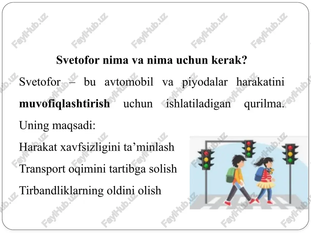 ‘lning fizik o‘lchamlari va strukturalarini ifodalaydi. bu ma'lumotlar yo‘lning harakatni qanday boshqarishini, xavfsizlikni qanday ta’minlashini va transport vositalarining harakatini qanday ta’sir qilishini tushunishga yordam beradi. 🔸 yo‘lning kengligi: yo‘l kengligi – yo‘lning umumiy o‘lchami, yo‘llararo, yo‘l yo‘laklari, piyodalar yo‘laklari va to‘siqlarni o‘z ichiga oladi. kengliklarni o‘lchash: yengil transport uchun 3–4 m yuk mashinalari uchun 4–5 m piyodalar yo‘laklari 1.5–2 m yo‘lning uzunligi: yo‘lning boshlanish va tugash nuqtalari orasidagi masofa. yo‘lning uzunligini aniq o‘lchash kerak, chunki bu yo‘l harakati xavfsizligi va yuklash o‘tkazuvchanligini tahlil qilishda muhimdir. 🔸 yo‘lning chiroyli va tekisligi (silliqlik darajasi): yo‘l yuzasi tekisligi va silliqligi, transport vositalarining xavfsiz harakatlanishini ta’minlaydi. yuzaning silliqligi asfaltning holati, yo‘lning silliq va yaxshilanganligini ifodalaydi. 🔸 yo‘lning egilishlari: burgutli yoki burilishli yo‘llar – yo‘lning burilishlarining burchaklari va radiuslari. tezlikning cheklanishi: egilishlar yuqori tezlikda xavf tug‘dirishi mumkin, shuning uchun ular harakat cheklovlarini talab qiladi. image2.png image3.png image4.png image5.png fea] aace me og /docprops/thumbnail.jpeg (o-zbekiston respublikastoln …