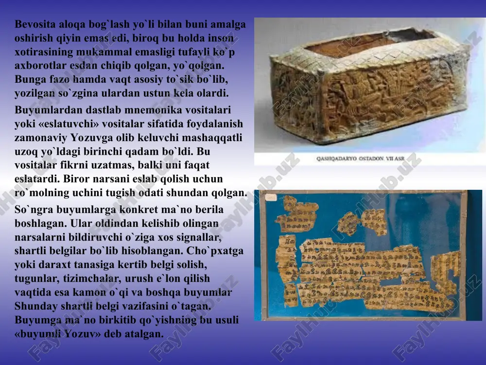 plangan bilimlarni saqlab, yodlab qoladigan o`ziga xos xotirasiga aylana olmadi. ijtimoiy turmush murakkablashgan sari bunga ehtiyoj tobora ortib borardi. urf-odatlar, an`analar shakllandi, ularni yangi avlodga etkazish lozim edi. mehnat taqsimoti va mol ayirboshlash aniq hisob yuritishni talab qilardi. qabila boshliqlari va kohinlar ajralib chiqdilar, ularning faoliyatini abadiylashtirish zarur edi. ideografik yozuv axborot mazmunini bayoi qilishi bilan birga, tilning lug`aviy tarkibini ham belgilab bergan. belgi rasmlarning izchilligi endi manzaraning injiqligiga bog`liq bo`lgan, u tilning o`ziga xos sintaktik tuzilishini aks ettirgan. ma`nosi aniq va tasvirlanishi oson bo`lgan so`zlar uchun belgi-ideogrammalar yaratilishi grafik shakllarni soddalashtirish yo`lidan borgan. masalan: mavhum va murakkab tushunchalarni bayon qilish ancha qiyin bo`lgan. biroq bu qiyinchilik xam bartaraf etilgan. mirzalarning barcha qiyinchiliklarni chetlab o`tishdagi ijodkorligi kishini hayratda qoldiradi. masalan, kadimgi misr yozuvlarida tasviriy-ramziy printsip mohirona qo`llanilgan. jangchi so`zi ikki qo`l shaklida tasvirlangan: bir ko`lga qalqon va ikkinchi qo`lga nayza ushlatilgan. bu ideogramma jang, jang qilish tushunchalarini ham anglatgan. yurmoq …