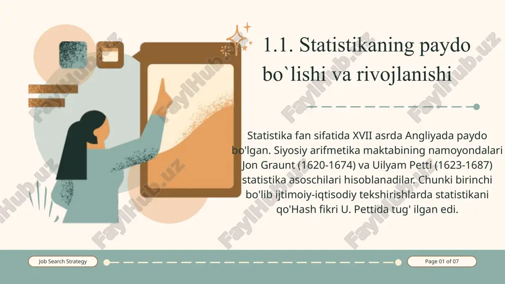 ilan aloqadorligi. statistika fani uchun umumiy xos bo`lgan xususiyatlarni statistikaning umumiy nazariyasi o`rganadi. agar statistika tarixi shu fanning kelib chiqishi, shakllanishi, tashkil topishi, uning rivojlanish boskichlarini batafsil o`rgatsa, matematik statistika esa tarmoqlararo balanslarni tuzish, tahlil usullarini qo`llash, ko`p variantli bashorat (istiqbolli) larni tuzish yo`llarini o`rgatadi. statistikaning tarkibiy qismlari 1.statisti­ka tarixi 2.statisti­ka naza­riyasi matematik statistika umumiy nazariy statistika 1. mintaqaviy (hududiy) statistika 2. xalqaro statistika 3. moliya sta­tistikasi bozor iqti­sodiyoti sta­tistikasi va h.k. makroiqtiso­diy statistika 1.aholi statistikasi 2.jinoyat va sud statistikasi 3.sog’liqni saqlash statistikasi 4.mehnat statistikasi maorif statistikasi va hokazo. ijtimoiy statistika 1. sanoat statistikasi 2. qishloq xo`jaligi statistikasi 3. savdo statistikasi 4. qurilish statis­tikasi 5. transport va aloqa statistikasi 6. kommunal xo`jalik statistikasi kichik qo`shma korxo­na, fermer xo`jaligi statistikasi va h.k. mikroiqtisodiy statistika aholi turmush tarzi bilan bog’liq bo`lgan barcha hodisalarni statistik usullarda batafsil o`rganadi. jumladan, aholi (demografik) statistikasi aholining soni, tarkibi, dinamikasi, tabiiy o`sishi, migratsiyasi va hokazolarni o`rgansa, jinoyat …