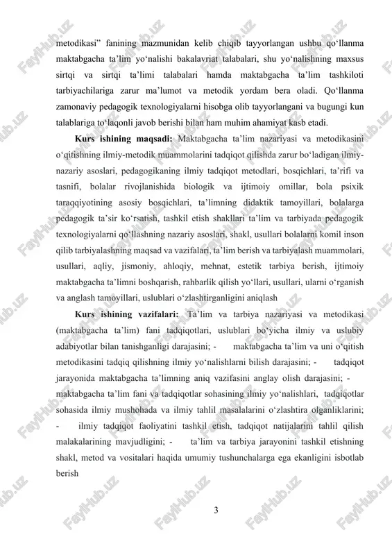 bolalarni komil inson qilib tarbiyalashning maqsad va vazifalari, ta’lim berish va tarbiyalash muammolari, usullari, aqliy, jismoniy, ahloqiy, mehnat, estetik tarbiya berish, ijtimoiy maktabgacha ta’limni boshqarish, rahbarlik qilish yo‘llari, usullari, ularni o‘rganish va anglash tamoyillari, uslublari o‘zlashtirganligini aniqlash kurs ishining vazifalari: ta’lim va tarbiya nazariyasi va metodikasi (maktabgacha ta’lim) fani tadqiqotlari, uslublari bo‘yicha ilmiy va uslubiy adabiyotlar bilan tanishganligi darajasini; - maktabgacha ta’lim va uni o‘qitish metodikasini tadqiq qilishning ilmiy yo‘nalishlarni bilish darajasini; - tadqiqot jarayonida maktabgacha ta’limning aniq vazifasini anglay olish darajasini; - maktabgacha ta’lim fani va tadqiqotlar sohasining ilmiy yo‘nalishlari, tadqiqotlar sohasida ilmiy mushohada va ilmiy tahlil masalalarini o‘zlashtira olganliklarini; - ilmiy tadqiqot faoliyatini tashkil etish, tadqiqot natijalarini tahlil qilish malakalarining mavjudligini; - ta’lim va tarbiya jarayonini tashkil etishning shakl, metod va vositalari haqida umumiy tushunchalarga ega ekanligini isbotlab berish kurs ishining predmeti: maktabgacha ta’limni boshqarishning tashkiliy-pedagogik, metodik jihatlari, ta’lim sohasidagi davlat siyosatining asosiy tamoyillari, maktabgacha ta’lim muassasasi ishiga …