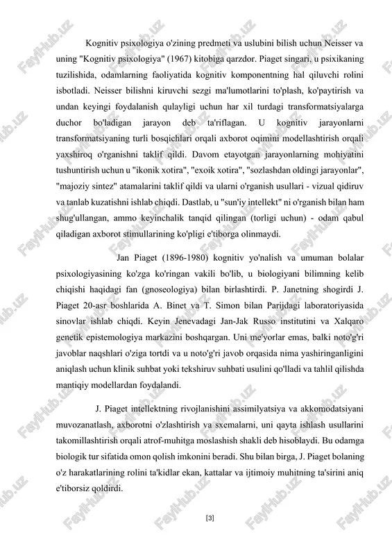 borotni o'zlashtirish va sxemalarni, uni qayta ishlash usullarini takomillashtirish orqali atrof-muhitga moslashish shakli deb hisoblaydi. bu odamga biologik tur sifatida omon qolish imkonini beradi. shu bilan birga, j. piaget bolaning o'z harakatlarining rolini ta'kidlar ekan, kattalar va ijtimoiy muhitning ta'sirini aniq e'tiborsiz qoldirdi. aql-idrokning rivojlanishi, j. piagetning fikricha, to'rt bosqichdan o'tadi. i. sensormotor intellekt (0 yoshdan 2 yoshgacha) harakatlarda namoyon bo'ladi: chaqaloq harakatni takrorlaganda, uning ta'siri takrorlanishini kutganida (o'yinchoqni tashlab, tovushni kutganda) qarash, tushunish, aylanma reaktsiyalar o'rganiladi. . p. operatsiyadan oldingi bosqich (2-7 yosh). bolalar nutqni o'rganadilar, lekin bir so'z bilan aytganda, ular ob'ektlarning asosiy va tashqi xususiyatlarini birlashtiradi. shuning uchun ularning o'xshatishlari va hukmlari kutilmagan va mantiqsiz ko'rinadi: daraxtlar chayqalgani uchun shamol esadi; qayiq kichik va engil bo'lgani uchun suzadi, lekin kema katta va kuchli bo'lgani uchun suzadi. iii. beton operatsiyalar bosqichi (7-11 yil). bolalar mantiqiy fikrlashni boshlaydilar, ular tushunchalarni tasniflashlari va ta'riflar berishlari mumkin, ammo bularning barchasi aniq …