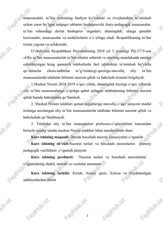 o’rganish jarayoni kurs ishining predmeti: nazorat turlari va baxolash mezonlarini o’rganishning shakli, metodi va vositalar mazmuni kurs ishining tarkibi: kirish, asosiy qism, xulosa va foydalanilgan adabiyotlardan iborat i-bob. fan bo’yicha bilimni baholash va nazorat qilish mezonlari 1.1 baholash va nazorat qilish mezonlari «sharq tillarini o’qitish metodikasi» fani bo’yicha reyting jadvallari, nazorat turi, shakli, soni hamda har bir nazoratga ajratilgan maksimal ball, shuningdek joriy va oraliq nazoratlarining saralash ballari haqidagi ma’lumotlar fan bo’yicha birinchi mashg’ulotda talabalarga e’lon qilinadi. fan bo’yicha talabalarning bilim saviyasi va o’zlashtirish darajasining davlat ta’lim standartlariga muvofiqligini ta’minlash uchun quyidagi nazorat turlari o’tkaziladi: joriy nazorat (jn) – talabaning fan mavzulari bo’yicha bilim va amaliy ko’nikma darajasini aniqlash va baholash usuli. joriy nazorat fanning xususiyatidan kelib chiqqan holda laboratoriya mashg’ulotlarda og’zaki so’rov, test o’tkazish, suhbat, nazorat ishi, kollekvium, uy vazifalarini tekshirish va shu kabi boshqa shakllarda o’tkazilishi mumkin; oraliq nazorat (on) – semestr davomida o’quv dasturining tegishli (fanlarning bir …