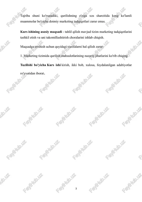 ar, joylar, tashkilotlar, g'oyalar bo'lishi mumkin. marketing tizimidagi qurilish mahsulotlarini uning mazmuni (loyihasi) kontseptsiyasiga muvofiq mahsulot, real ishlashdagi mahsulot (tayyor ob'ekt), pudratchining qurilish xizmatlari shaklidagi mahsulot, shakldagi mahsulot deb hisoblash mumkin. qurilish mahsulotlari bilan birga. dizayn bo'yicha mahsulot, marketing nuqtai nazaridan, iste'molchining ehtiyojlarini aniqlash zarurati. siz mahsulotning xususiyatlarini emas, balki uning foydasini sotishingiz kerak. agar xaridor uy sotib olsa, u uy sotib olishdan foyda ko'rishi kerak. ishlash sifati, me'moriy, texnologik echimlar darajasi qurilish mahsulotlarini real ishlashdagi mahsulot sifatida tavsiflaydi. xaridor manfaatlarini kredit berish, kreditni kafolatlash xizmati, kafolat xizmati bilan qo'llab -quvvatlash mumkin texnologik uskunalar, qismlarga bo'lib to'lash, operativ qo'llab -quvvatlash, qurilish konstruktsiyalari va materiallarini ishlab chiqaruvchi tomonidan etkazib berish. bunda qurilish mahsulotlari hamrohlik qiladigan tovarlar sifatida qaraladi qo'shimcha xizmatlar... tovar sifatida marketingda qurilish mahsulotlari insonning ko'chmas mulkka bo'lgan ehtiyojini qondira oladigan hamma narsani ifodalaydi. qurilish mahsulotlarining tovar sifatida ommaviy va seriyali ishlab chiqarishning barcha turlariga nisbatan farqi bozor muammolarini o'rganishga …