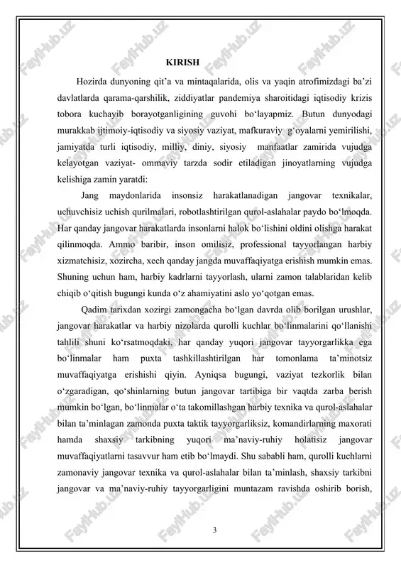 donida harakatlanish usullarini o‘rgatishni, bo‘linmalarni zamonaviy tahdidlardan kelib chiqib tayyorlashni zamonning o‘zi talab qilmoqda. kurs ishining maqsad va vazifalari: har qanday murakkab vaziyatlarda tezkor va faol jangovar harakatlarni olib borishni, qurshov sharoitlarida va undan chiqish mobaynidagi harakatlarda jang olib borishni, hujum jangini faol olib borishni, dushman mudofaasini yorib o‘tish usullarini takomillashtirib borishni, zamonaviy usullarni qo‘llagan holda o‘t ochish bilan yetkaziladigan talofat natijalaridan to‘liq foydalanish va jangovar tartibning turli ko‘rinishlarida hujum qila olishni o‘rgatish kurs ishining maqsadi hisoblanadi. kurs ishi tuzilmasining tavsifi: mazkur kurs ishi kirish, kurs ishi boblari, xulosa hamda foydalanilgan adabiyotlar ro‘yxatidan iboratdir. kurs ishining kirish qismida qaralayotgan ishning dolzarbligi, ishning maqsadi, ishning ilmiyligi, tadqiqotning amaliy ahamiyati va kurs ishining tuzilishi to‘g‘risidagi umumiy ma’lumotlar keltirilgan. kurs ishining i-bobida xavo kemasida garovga olinganlarni ozod etish va noqonuniy qurolli guruhlar yakson qilish bo'yocha aksilterror operatsiya, ii-bobida aksilterror operatsiyalarni o'tkazishga xorijiy davlatlar maxsus bo'linmalarini tayyorlashning o'ziga xos xususiyatlarikeltirildi. kurs ishining tuzilishi: kurs …