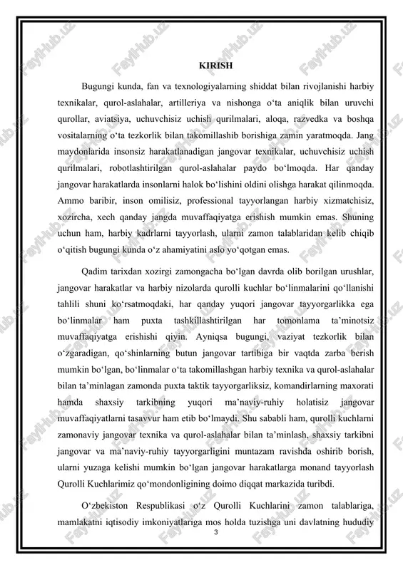 timoiy-siyosiy, sotsial-iqtisodiy, harbiy-siyosiy vaziyatni baholash mintaqadagi tinchlik, barqarorlikka nisbatan tahdidlarning kuchayish tendensiyalari tobora ortib borayotganini ko‘rsatmoqda. yevropaning ba’zi davlatlari, shimoliy afrika va ayniqsa yaqin sharq davlatlarida sodir bo‘layotgan qurolli mojarolar barchada havotir uyg‘otmoqda. shu sababli, qurolli kuchlar bo‘linmalari jangovar tayyorgarligini muntazam ravishda oshirib borish, jang maydonida harakatlanish usullarini o‘rgatishni, bo‘linmalarni zamonaviy tahdidlardan kelib chiqib tayyorlashni zamonning o‘zi talab qilmoqda. kurs ishining maqsad va vazifalari: har qanday murakkab vaziyatlarda tezkor va faol jangovar harakatlarni olib borishni, qurshov sharoitlarida va undan chiqish mobaynidagi harakatlarda jang olib borishni, hujum jangini faol olib borishni, dushman mudofaasini yorib o‘tish usullarini takomillashtirib borishni, zamonaviy usullarni qo‘llagan holda o‘t ochish bilan yetkaziladigan talofat natijalaridan to‘liq foydalanish va jangovar tartibning turli ko‘rinishlarida hujum qila olishni o‘rgatish kurs ishining maqsadi hisoblanadi. kurs ishi tuzilmasining tavsifi: mazkur kurs ishi kirish, kurs ishi boblari, xulosa hamda foydalanilgan adabiyotlar ro‘yxatidan iboratdir. kurs ishining kirish qismida qaralayotgan ishning dolzarbligi, ishning maqsadi, ishning ilmiyligi, …