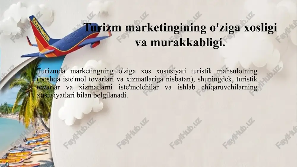 r guruhi a'zolari, oila a'zolari) iste'molchining bahosiga katta ta'sir ko'rsatadi. turizm marketingi darajalari turizm sohasida umumiy marketing tizimining tarkibiy elementlari: davlat, mahalliy hokimiyat organlari, milliy va mahalliy (mintaqaviy) turizm tashkilotlari va korxonalari. shu munosabat bilan turizm sohasida marketingning quyidagi darajalari ajratiladi turoperatorlar va sayyohlik agentliklari marketingi - bu turistik korxona imkoniyatlarini iste'molchilarning xohish-istaklariga moslashtirish jarayoni bo'lib, natijada turistlarga ularning ehtiyojlarini qondiradigan xizmatlar ko'rsatiladi va korxona uning rivojlanishi uchun zarur bo'lgan foyda oladi. va kelajakda iste'molchilarning ehtiyojlarini yaxshiroq qondirish. biz quyida turoperatorlar va sayyohlik agentliklarining ishini batafsil ko'rib chiqamiz. turizm xizmatlarini ishlab chiqaruvchilarning (mehmonxonalar, restoranlar, transport tashkilotlari va boshqalar) marketingi - bu aniq iste'molchilarning ehtiyojlarini qondirishga maksimal darajada yo'naltirilgan xizmatlarni ko'rsatishni tashkil etish maqsadida ehtiyoj va talabni har tomonlama o'rganish tizimi. xizmat ko'rsatishning eng samarali shakllari va usullari. turistik korxonalarning asosiy funktsiyalari quyidagi vazifalar qatoriga qisqartiriladi: bozor imkoniyatlarini tahlil qilish; istiqbolli maqsadli bozorni tanlash; strategiyani ishlab chiqish; turistik mahsulotni ishlab chiqish;turistik …