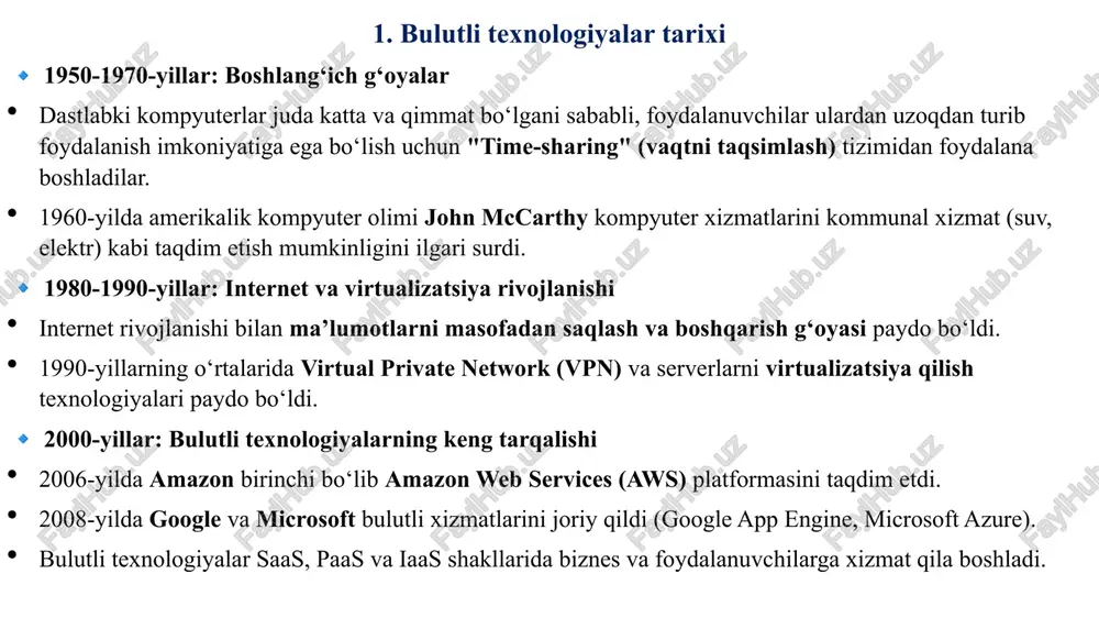tlar provayder serverida saqlanadi, bu esa xavfsizlik muammolarini keltirib chiqarishi mumkin. misollar: google docs, sheets, slides, microsoft 365 (word, excel, powerpoint online), dropbox, google drive, salesforce, zoom ? 123 (1) - google disk (google drive) bulutli texnologiyalar mahsulidir. u xizmat sifatida dasturiy ta’minot (saas – software as a service) modeliga kiradi, chunki foydalanuvchilar internet orqali fayllarni yuklash, saqlash va boshqarish imkoniyatiga ega bo‘ladilar. google disk bulutli texnologiyalarning quyidagi xususiyatlariga ega: ✅ uzoqdan foydalanish – fayllarga istalgan joydan va istalgan qurilmadan kirish mumkin. ✅ zaxira nusxasi va sinxronizatsiya – ma'lumotlar avtomatik ravishda saqlanadi va barcha qurilmalarda sinxronlanadi. ✅ hamkorlik – bir fayl ustida bir necha foydalanuvchi bir vaqtda ishlashi mumkin. ✅ bepul va pullik versiyalar – google 15 gb bepul xotira ajratadi, undan ortig‘i uchun pullik rejalar mavjud. google disk – bulutli saqlash xizmatlari (cloud storage services) oilasiga kiradi va dropbox, onedrive, icloud drive kabi xizmatlar bilan raqobatlashadi. google drive'ning xotira …