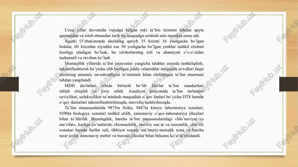 lim muassasalaridan aslo qolishmasligiga ishonch hosil qilishingiz mumkin. kasb-hunar kollejlaridagi zamonaviy o’quv-laboratoriya, kompyuter va ishlab chiqarish asbob-uskunalari o’quvchilar uchun umumiy fanlar bo’yicha nafaqat to’liq bilimlar hajmini egallash, ayni vaqtda ushbu o’quv yurtlaridagi zamonaviy texnika va texnologiyalarni o’zlashtirish imkonini ham beradi. mustaqillik yillarida pedagogik fikrlar rivojining asosiy yo’nalishlari mustaqillik yillarida o’zbekistonda pedagogik fikrlar mazmuni bilan tanishish, ularda ilgari surilgan g’oyalarni umumlashtirish asosida ularning quyidagi asosiy yo’nalishlar bo’yicha rivojlanganligiga guvoh bo’lish mumkin: pedagogika fani metodologik g’oyalarining takomillashuvi. totalitar tuzum davrida o’rganilishi ma’n etilgan milliy-pedagogik qarashlarning o’rganilishi va pedagogika faniga olib kirilishi. ijtimoiy-g’oyaviy, iqtisodiy va madaniy taraqqiyotda yetakchi o’rin tutuvchi g’oyalarning pedagogik qarashlarda o’z ifodasini topishi. pedagogik bilimlar ijtimoiy-g’oyaviy asoslarining boyishi. ta’lim mazmunida milliy istiqlol g’oyasi va mafkurasi asoslari, insonparvarlik va demokratik qarashlarning aks etishi. milliy-madaniy meros namunalaridan foydalanish, milliy va umuminsoniy qadriyatlar uyg’unligiga erishish orqali yosh avlodni milliy ruhda tarbiyalash. shaxsni ijtimoiylashtirish. erkin, mustaqil fikrlovchi, ijodkor, ijtimoiy faol shaxni shakllantirish. shaxsda yuksak …