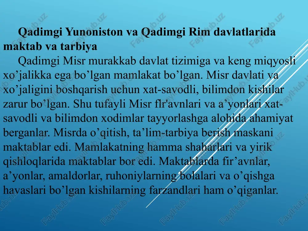 kmronlik qilar edi. shuning uchun ham bu davlatlarda ijtimoiy tarbiya tizimi quldorlarning bolalarini manfaatini ko’zlar edi. yunonistonda qullarni «gapiradigan ish quroli» deb hisoblar edilar. qullar oddiy insoniy xuquqlardan ham mahrum edilar. spartada dexqonchilik yaxshi rivojlangan bo’lib, bu qullar mexnati evaziga asoslangan edi. spartada qullar shafqatsiz ta’qib ostiga olinar edi. shu sababli ular tez-tez qo’zg’olon ko’tarib turar edilar. tarbiya ishlari davlat ixtiyorida bo’lib, asosiy maqsad bolalarni baquvvat, jismonan sog’lom, bardoshli, chiniqqan jangchilar qilib tarbiyalashdan iborat edi. spartaliklarning bolalari 7 yoshgacha uyda tarbiyalangan, so’ng «agella» deb atalgan maktabda o’qishgan. o’qish muddati 7-18 yoshgacha davom etgan. shu maktabda hukumatning taniqli kishisi «pedanom» butun tarbiyaviy ishga rahbarlik qilgan. tarbiya jarayonida bu maktabda o’smirlarga alohida e’tibor berishgan. ularni jismonan sog’lom bo’lishi uchun turli mashqlar bilan chiniqtirishgan. masalan: sovuqqa, o’hlikka va chanqoqlikka chidash, og’rikka bardosh berishga o’rgatib borishgan. ta’lim jarayonining asosiy qismini harbiy gimnastik mashqlar: yugurish, sakrash, nayza otish, qo’l bilan jang qilish, musiqa darsi, qisqa …