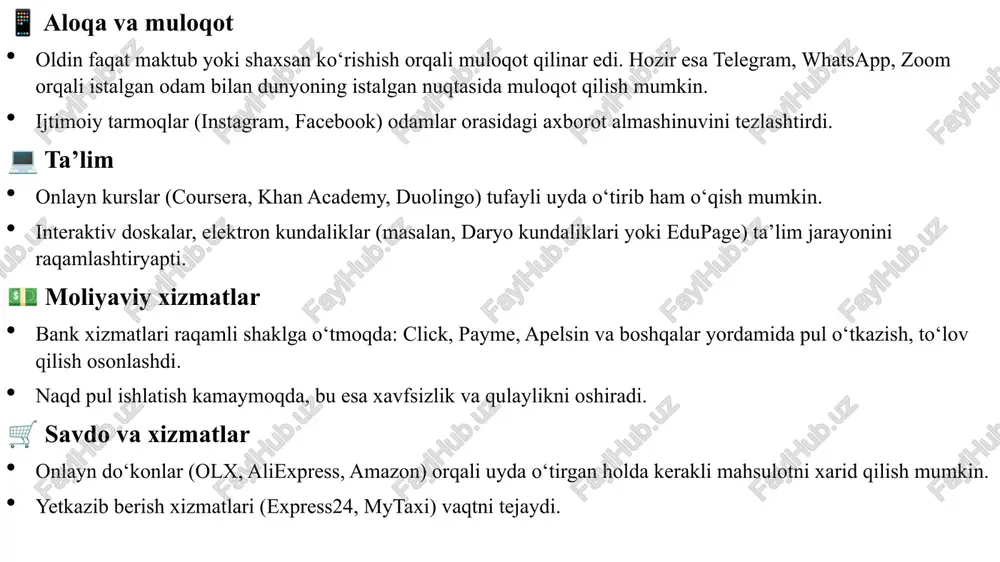 ar (ipad, android planshetlar) simsiz quloqchinlar (airpods, galaxy buds) smart-uylarga mo‘ljallangan qurilmalar (aqlli lampalar, eshik qulflari, kameralar) 2. buyumlar interneti (iot - internet of things) buyumlar interneti — bu turli qurilmalar va buyumlarning internet orqali bir-biri bilan aloqa qilishi va axborot almashishi texnologiyasidir. misollar: aql­li uy qurilmalari: eshik qulfi, kameralar, termostatlar — foydalanuvchining smartfonidan boshqarilishi mumkin. sog‘liqni saqlash gadjetlari: yurak urishini, qondagi kislorod miqdorini, qon bosimini o‘lchaydigan qurilmalar. aql­li transport tizimlari: avtomobillar o‘zaro aloqa qilib, tirbandlik yoki xavf-xatar haqida ogohlantirishi mumkin. sanoatda iot: ishlab chiqarish jihozlarini masofadan boshqarish va nosozliklarni aniqlash imkonini beradi. internetning aniq ko‘rinadigan yagona shakli yo‘q, lekin: jismoniy tarmoqlar (kabellar, serverlar) raqamli kodlar (0 va 1 lar) elektromagnit to‘lqinlar (wi-fi, mobil signal) ko‘rinishida mavjud. shuning uchun, internet — bu ko‘rinmas, ammo mavjud va murakkab tizim. 3. simsiz internet texnologiyalari (wi-fi, 4g, 5g) wi-fi — eng keng tarqalgan simsiz aloqa texnologiyasi bo‘lib, kompyuter, telefon, planshet kabi qurilmalarni internetga …