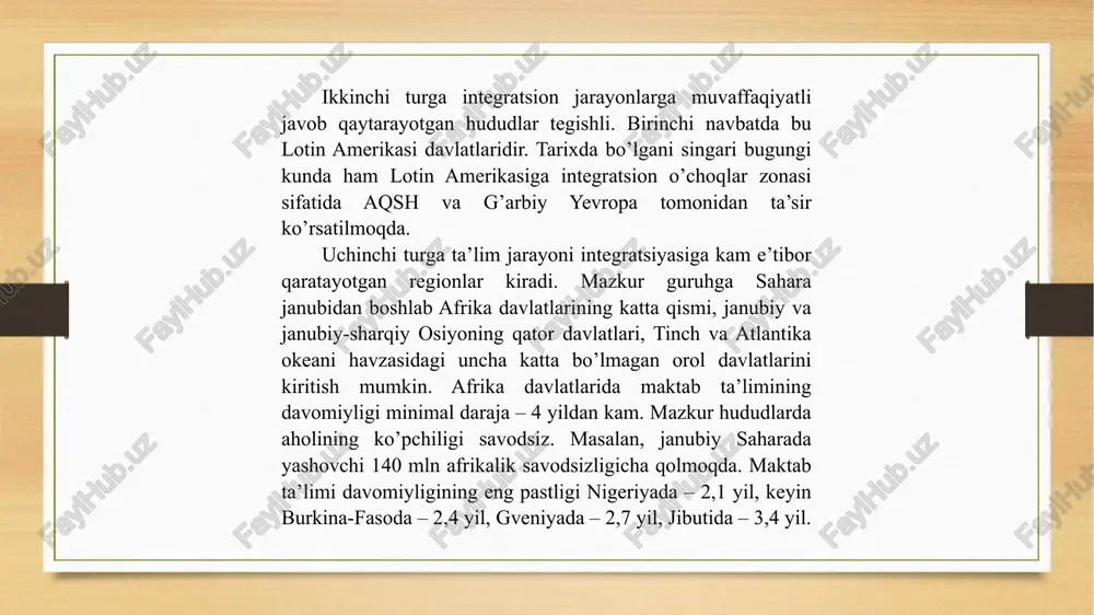 ing faoliyati o’quv dasturini takomillashtirish va qayta ishlab chiqishga qaratilgan. xx asrning 80-yillaridan boshlab buyuk britaniyada ham aqshdagi singari o’rganilishi majburiy bo’lgan fanlar doirasi kengaytirildi. ingliz tili va adabiyoti, matematika va tabiiy fanlar o’quv jadvalining yadrosini tashkil etadigan bo’ldi. qolgan o’quv fanlarini tanlab olish o’quvchilar va ota-onalar ixtiyoridadir. «yangi dunyo»ning pedagogik g’oyalari frantsiya va germaniya ta’limiga ham sezilarli ta’sir etayotir. germaniyada to’liqsiz o’rta maktablarida asosiy o’quv fanlari bilan bir qatorda tanlab olinadigan ximiya, fizika, chet tillari kiritilgan o’quv dasturlari ham amalga oshirilayotir. bu o’quv dasturi tobora to’liqsiz o’rta maktab doirasidan chiqib, o’rta maktablar va gimnaziyalarni ham qamrab olmoqda. janubiy koreya ta’lim tizimi janubiy koreyada ta’lim xaqidagi qonun 1948 yilda qabul qilingan. ta’lim tizimiga asos qilib an’anaviy g’arb modeli olingan: 6 yil — quyi maktab, 3 yil — o’rta, yana 3 yil — oliy maktab; so’ngra to’rt yillik kollej va bakalavr unvoni beriladi; tanlangan fan yana 2 yil chuqur o’rganilgandan so’ng …