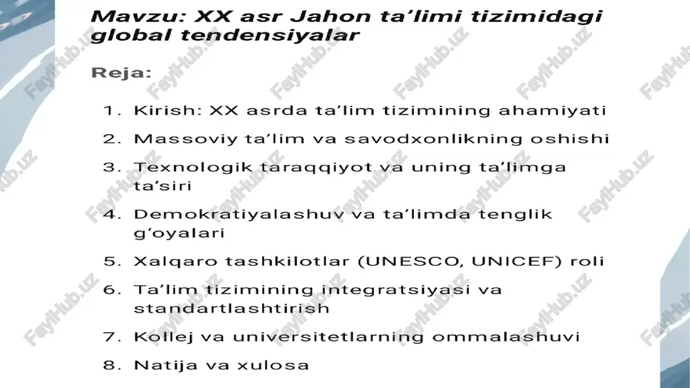 timss) orgali o‘quvchilarning bilimini baholash standartlari ishlab chiqildi, bu esa xalqaro ta'lim solishtirishlarini imkon qildi. 6. kollej va oliy ta’limning ommalashuvi xx asrda ko‘plab mamlakatlarda oliy ta’lim muassasalari soni keskin ortdi. bu esa malakali mutaxassislar tayyorlash imkoniyatini kengaytirdi. * ta'limda gender, irqiy, milliy va ijtimoiy tabaqalanishga qarshi kurash olib borildi. * ingilobiy harakatlar (masalan, aqshda fuqarolik huquglari harakati) tufayli qora tanlilar va ayollar uchun ham ta’lim imkoniyatlari kengaydi. ¢ nogironligi bo‘lgan bolalar uchun inkluziv ta’lim konsepsiyasi paydo bo'ldi. ¢ unesco (1945-yildan) butun dunyoda ta'‘limga oid ko‘plab dasturlarni ishlab chiqdi va rivojlanayotgan mamlakatlarga yordam berdi. ¢ unicef, oecd, world bank ham global ta'‘limga moliyaviy va metodik yordam ko'rsatdi. * xalqaro baholash tizimlari (masalan, pisa) ta’lim sifatini xalqaro miqyosda o'lchashga imkon berdi. xx asr davomida ta’lim tizimi: ¢ har tomonlama rivojlandi, * massaviylashdi, ¢ inklyuziv va texnologiyalashgan bo'ldi, ¢ xalqaro hamkorlik orgali standartlarga yaqinlashdi.