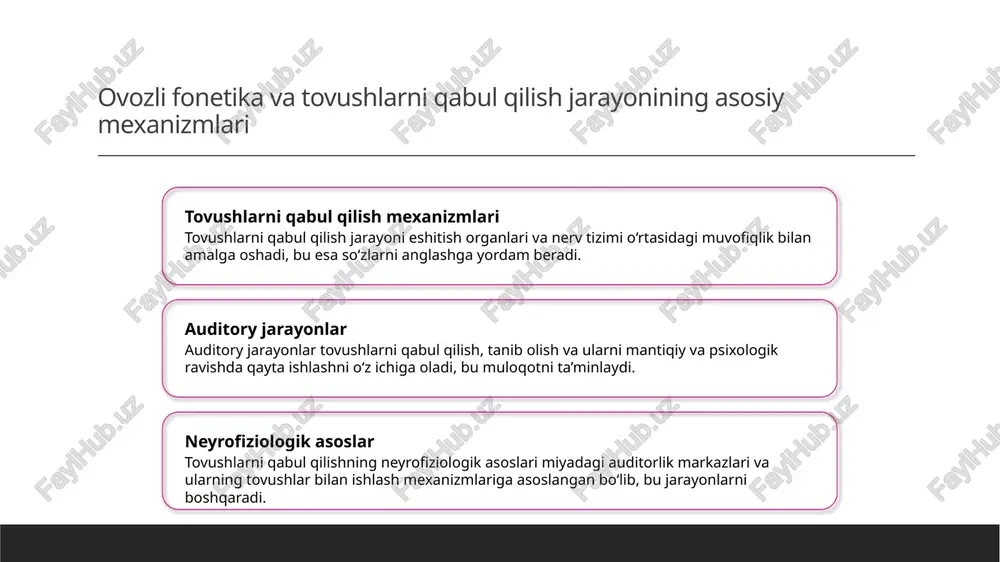 rlik omillar asosiy rol o‘ynaydi, ular insonning tovushlarni qanday qabul qilishini belgilaydi. kognitiv va psixologik faktorlar insonning diqqat kuchi, tajriba va til bilimlari tovushlarni to‘g‘ri tanib olish va farqlashda muhim ahamiyatga ega bo‘ladi. tashqi ta’sirlar va sharoitlar muhit shovqini, talaffuz variatsiyalari va tovushlarning kontekstual qo‘llanilishi auditorlik qobiliyatlari va tovushlarni anglashni ta’sir qiladi. til va muloqotda tovushlarni anglash jarayonining psixofonetik asoslari 01 tovushlarni qabul qilish mexanizmlari til va muloqotda tovushlarni anglash psixofonetik jarayonlar va auditorlik mexanizmlar bilan bog‘liq. bu jarayonlar insonning tovushlarni to‘g‘ri qabul qilish va tushunishiga yordam beradi. 02 auditorlik va psixofonetik aloqalar tovushlarni tanib olishda auditorlik tizimi va psixofonetik jarayonlar birgalikda ishlaydi. bu birlik tovushlarning farqlash va identifikatsiya qilish imkonini yaratadi. 03 til va kommunikatsiya omillari tovushlarni anglashda til bilan bog‘liq psixofonetik xususiyatlar va muloqot sharoiti muhim rol o‘ynaydi. bu omillar til va muloqotni rivojlantirish uchun asosiy bo‘ladi. 04 kognitiv jarayonlar tovushlarni anglashda kognitiv fikrlash va e’tibor muhim. bu …