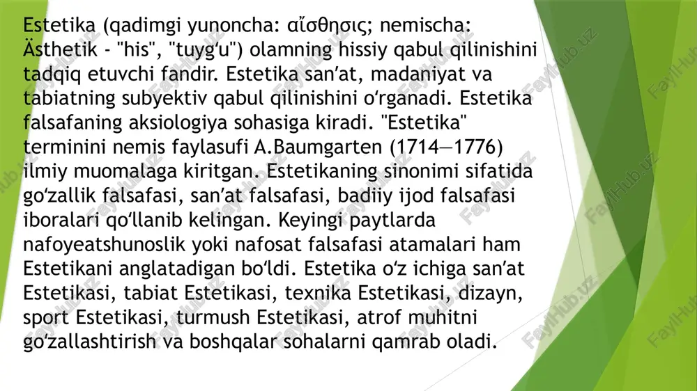 yg’unlik, noziklik singari ko’pdan-ko’p tushunchalar mavjudki, ularni tadqiq etish ham estetika fanining zimmasida. estetika nafosat, did, goʻzallik, xunuklik, ulugʻvorlik, tubanlik, fojiaviylik, kulgililik, moʻʼjizaviylik, hayolilik singari kategoriyalar bilan ish koʻradi. ular orasida nafosat tushunchasi alohida oʻrin egallaydi. u bir tomondan, estetik anglashning barcha jihatlarini (estetik hissiyot, estetik zavq, estetik did, estetik muhokama va boshqalar), ikkinchi tomondan, estetik xususiyatlarni — amaldagi goʻzallik, ulugʻvorlik, fojiaviylik, kulgililik va hokazo jihatlarni oʻz ichiga oladi. ana shu keyingi jihati bilan nafosat baʼzan estetikaning predmeti sifatida ham qabul qilinadi.estetikaning tadqiqot obʼyektlari ichida sanʼat alohida oʻrinni egallaydi, u qadimdan to hozirgi kungacha eng koʻp tadqiq etilgan estetik soha hisoblanadi. estetikaning bu borada sanʼatshunoslik fanlaridan farqi shundaki, u oʻz obʼyektiga falsafiynazariy jihatdan yondashadi. estetika sanʼatni — sanʼatkor, sanʼat asari, sanʼat asarini idrok etuvchi shaxsdan iborat yaxlit tizimda olib oʻrganadi, barcha sanʼat turlari uchun zarur boʻlgan umumiy qonunqoidalarni ishlab chiqadi. mas, adabiyotshunoslikdatch qofiya nazariyasini musiqaga yoki haykaltaroshlikka nisbatan qoʻllab boʻlmaydi …