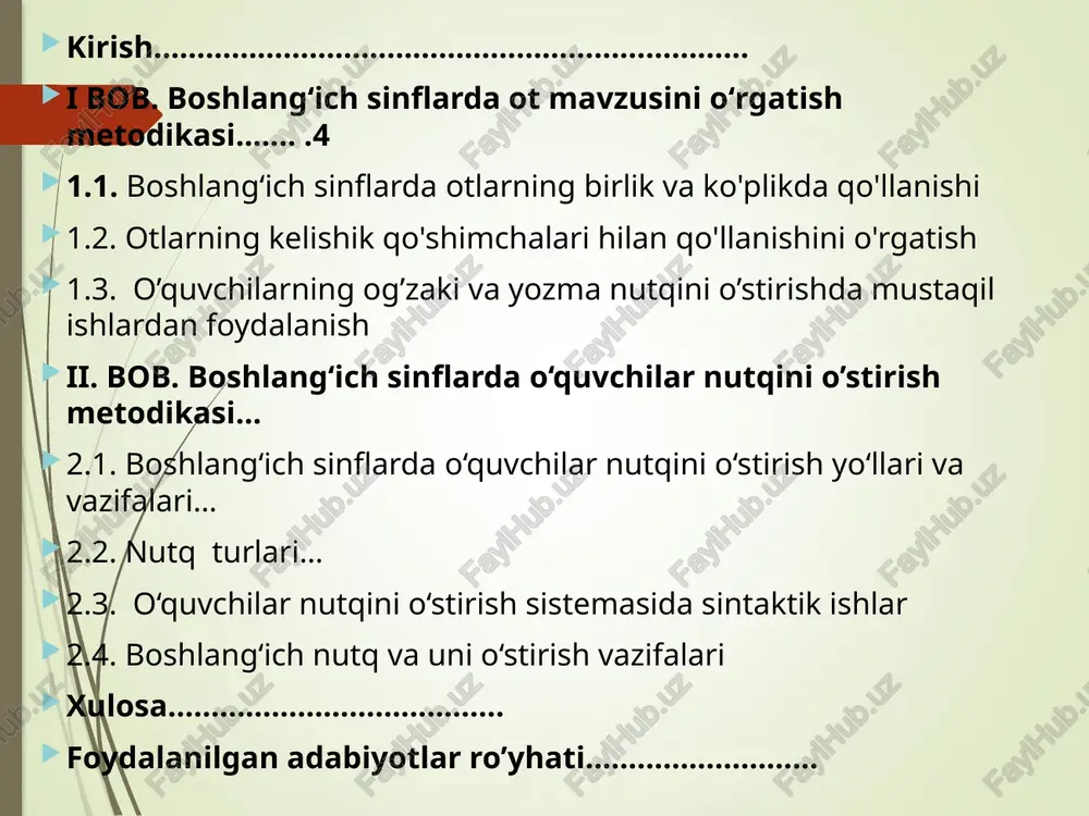 hisobga olgan holda, otlardan nutqda to'g'ri foydalana olish ko'nikmalari shakllantiriladi. otlarning birlik va ko'plikda qo'llanishi taqqoslash usulidan foydalanib tushuntiriladi. buning uchun bir predmetni va shunday bir necha predmetni bildirgan otlar taqqoslanadi: daftar - daftarlar, qalam - qalamlar, nok - noklar kabi. suhbat asosida daftar so'zi nechta (bitta) predmetni va daftarlar so'zi nechta (ikki va undan ortiq) predmetni bildirishi aniqlanadi. boshqa so'zlar bilan ham shunday ishlanadi. oddiygina xulosa chiqariladi va fikrlar umumlashtiriladi: agar otlar bir predmetni bildirsa, birlikda qo'llaniladi, agar ikki va undan ortiq shaxs yoki narsani bildirsa, ko'plikda qo’llanadi. ko'plikdagi otni yasash uchun birlikdagi otga -lar qo'shimchasi qo'shiladi. birlikdagi otlar kim? yoki nima? so'rog'iga, ko'plikdagi otlar esa kimlar'? yoki nimalar? so'rog'iga javob bo'ladi. 1.2. otlarning kelishik qo'shimchalari hilan qo'llanishini o'rgatish. kelishiklar sintaktik kategoriya hisoblanadi. kelishik otlarning gapda boshqa so'ziar bilan munosabatini ifodalaydi. demak, kelishiklarni o'rgatishda o'quvchilarning gapda so'zlarning bog'lanishini bilishlari nazarda tutiladi. kelishiklar ustida ishlashni o'quvchilar gapda ma'no va grammatik …