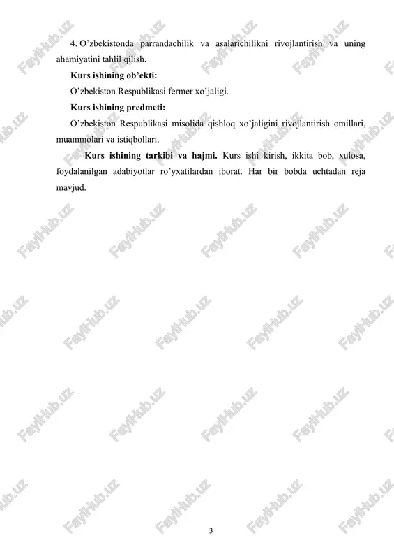 eyin) turadi. shuningdek, respublikada yetishtiriladigan meva, uzum, sabzavot, poliz mahsulotlarining asosiy qismi qo’shni davlatlarga chiqariladi. o’zbekiston o’zining sifatli pillasi va qorako’li bilan ham dunyoga mashhurdir. respublika to’liq don mustaqilligiga erishib, chetga eksport ham qilmoqda. respublika qishloq xo’jaligida: kooperativ (jamoa xo’jaliklari), xo’jaliklararo korxonalar, shirkatlar uyushmalari, davlat xo’jaliklari negizida tashkil etilgan xo’jaliklar, jamoa mulkiga aylantirilgan fermalar va boshqalar); davlat (davlat xo’jaliklari, naslchilik zavodlari, o’quv-tajriba hamda tajriba xo’jaliklari); xususiy (dehqon va fermer xo’jaliklari, xususiylashtirilgan korxonalar) hamda aholining shaxsiy yordamchi xo’jaliklari (shaxsiy ehtiyojlar uchun ayrim qishloq xo’jalik mahsulotlarini yetishtirish) mavjud. respublika qishloq xo’jaligida paxta yakkahokimligi (yakka ziroatchiligi)ning qaror topishi oqibatida 1987-yilga kelib, 2107,7 ming gektar yoki jami sug’oriladigan ekin maydonining 60 %dan ko’prog’iga paxta ekildi. natijada ilmiy asoslangan almashlab ekish tizimi izdan chiqdi, mineral o’g’itlar, gerbitsidlar, ayniqsa, inson salomatligiga zararli bo’lgan pestitsidlar me’yoridan ortiqcha ishlatilishi natijasida dehqonchilik qilinadigan joylarda ekologik sharoitlar buzildi, yerlarning meliorativ holati yomonlashdi. o’zbekiston mustaqillikka erishganidan keyin mamlakat qishloq xo’jaligida atroflicha …