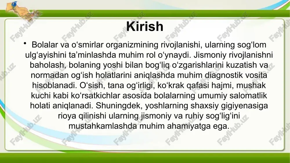 nishiga yordam beradi. 3 infektsiyalar tarqalishini oldini olish qo'llab-quvvatlash, masalan, qo'llarni doimiy yuvish, bolalar va o'smirlar o'rtasida o'qish va jamiyatda infektsiyalar tarqalishini oldini olishga yordam beradi. tushunchali rivojlanish ko'rsatkichlari va o'lchovlar 1 2 3 rivojlanish ko'rsatkichlarini tushuntirish rivojlanishni baholash uchun foizlar foydalanish regular o'lchovlarning ahamiyati rivojlanish ko'rsatkichlari bolaning bo'yi, og'irligi va bosh doirasi ni kuzatib boradi, ularni uning yosh va jinsiga mos keladigan oddiy oraliqlarga solishtiradi. rivojlanish ko'rsatkichlarida foizlar, bola o'lchovlari boshqa o'rtacha yosh va jinsdagi boshqa bolalarga qaraganda qayerda joylashganligini ko'rsatadi. rivojlanish ko'rsatkichlarida regular o'lchovlar bola rivojlanish jarayonini kuzatib borishga yordam beradi va erkin davrda potentsial muammolarini aniqlashga imkon beradi. jismoniy rivojlanishni ta'sir qiladigan ko'rsatkichlar 1 2 3 genetik ko'rsatkichlar oziq-ovqat ko'rsatkichlari ekologik ko'rsatkichlar bo'yi, jismoniy turi va metabolizm kabi genetik ko'rsatkichlar jismoniy rivojlanishni sezilarli darajada ta'sir qila oladi, shunchaki kasallik massasi va suyi tuzilmasi kabi xususiyatlarini aniqlaydi. proteinkalar, vitaminlar va mineral turlaridan tashkil topgan muvozanatli ovqatlanish, bolalar va …