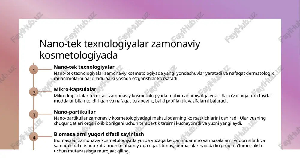 ar sohasida o'zgarishlarni olib chiqdi va natijada davolashni yaxshiladi. dermatologiyada kompyuter tomografik rivojlanish so'nggi yillar ichida katta ahamiyatga ega bo'ldi va dermatologik muammolarni diagnoslashda yordam beradi. kimyoviy peelingning yangi texnikalari kimyoviy peelingning yangi texnikalari sohasida so'nggi yangilanishlar va innovatsiyalar kuzatiladi. nanokimyo, kimyoviy ko'zmaydigan peelingning ommabop ishlatilishi muhimdir. keyingi slaydda bu texnikalar haqida ko'proq ma'lumot keltiriladi. photo by star of the sea on unsplash nano-chip texnologiyalari va kosmetologiya 1 nanokosmetologiya nanochip texnologiyalari nanoscale da ishlaydigan uslublar va vositalar bo‘yicha kosmetologiyadagi yangiliklarni o‘rganishga imkon beradi. 2 nano-chip texnologiyalari nano-chip texnologiyalari bilan yaratilgan vositalar yopiq diagnostika va terapiya usullarini ta'minlaydi, bu esa kosmetologiyadagi innovatsiyalarni ko‘rsatadi. 3 nano-chip va elektronika nano-chip texnologiyalari elektronika sohasidagi yangiliklar bilan kosmetologiyada yuqori sifatli va samarali xizmatlarni taqdim etishda muhim ahamiyatga ega. biorevitalizatsiya so'nggi zarur rivojlanishlari biorevitalizatsiya biorevitalizatsiya - dermaga oziq-ovqat mahsulotlarini qaytarish va to'g'ri tiklashni ta'minlash usullari. zarur vositalar biorevitalizatsiya jarayonida qo'llaniladigan hayajonlar, maskalar va mahsulotlar. texnologiyalar va …