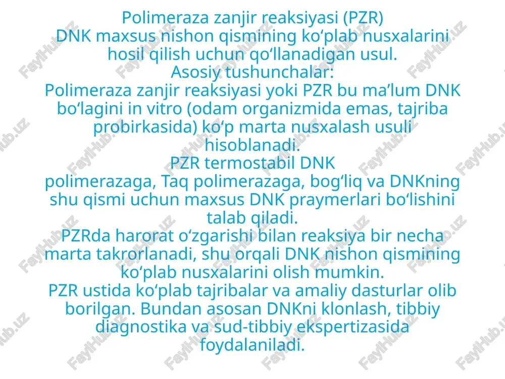 irga yuqoridagilar bitta probirkaga yigʻiladi, keyin yuqori va past harorat almashinib turuvchi takroriy siklga qoʻyiladi, natijada dnk sintezlanadi. asosiy bosqichlar: denaturatsiya dnk zanjirlarini denaturatsiya qilish yoki ajratish uchun reaksiyaga yuqori harorat beriladi. natijada keyingi bosqich uchun kerakli bir zanjirli andoza hosil boʻladi. polimeraza praymerlarni uzaytirib, yangi dnk zanjirlarini sintezlashi uchun reaksiyada harorat koʻtariladi. bu sikl oddiy pzr reaksiyasida 25 .35marta takrorlanadi, umumiy hisobda dnkning koʻpaytiriladigan qismiga bogʻliq ravishda 2_4 soat vaqt sarflanadi. agar reaksiya samarali (yaxshi natijali) boʻlsa, nishon qism bir nechtadan milliard marotabagacha koʻpayishi mumkin. chunki har reaksiyada faqat boshlangʻich dnk andoza sifatida xizmat qilmaydi, balki bitta reaksiyada yangi sintezlangan dnk ham keyingi reaksiyada andozaga aylanadi. reaksiyada praymerlar va taq polimeraza molekulalari juda koʻp miqdorda boʻladi, shu tufayli dnk molekulalari soni har reaksiya siklida ikki barobarga ortishi mumkin. bunday eksponensial oʻsish darajasi quyidagi rasmda tasvirlangan. pzr natijalarini vizual tekshirish uchun gel elektroforezdan foydalaniladi pzr reaksiyasi natijalari odatda gel elektroforez …