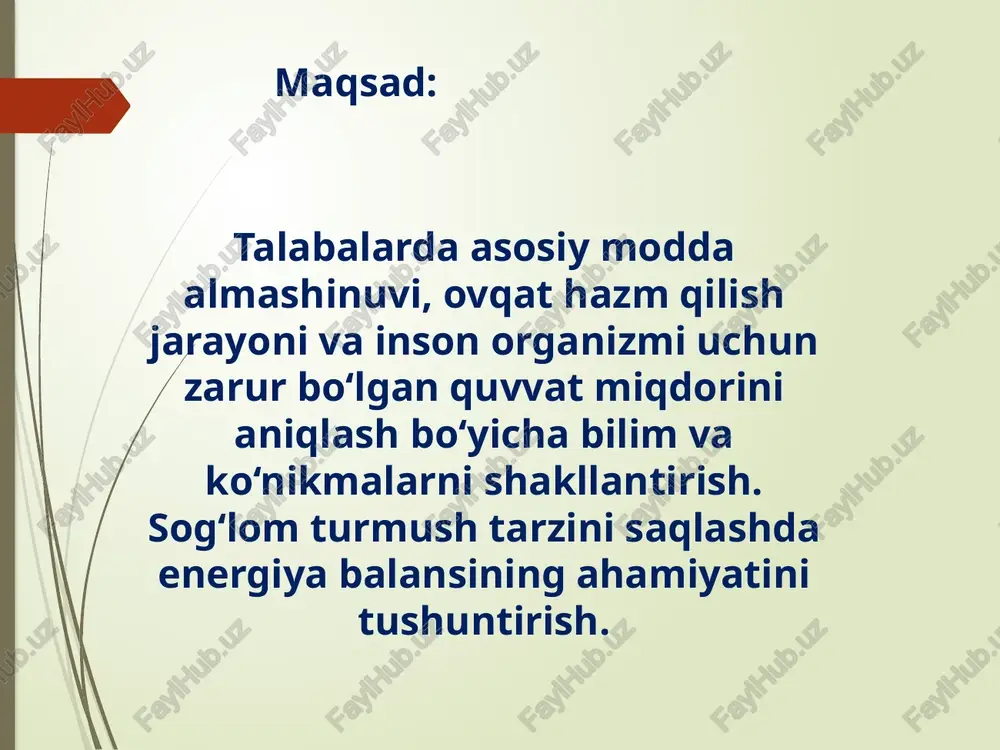 garris-benidek tablitsasi yordamida asosiy almashinuvni aniqlash(a va b tablitsadan foydalaniladi) xisoblash usuli maxsus jadvallaryoki formulalardan foydalanilanish bilan bog’liq.aak xisoblash garris-benediks tenglamasiga asosan amalga oshiriladi: aakerk=66+13.7m+5b-6.88yo aakayol=65.5+9.6m+1.8b-4.5yo bu yerda,m-tana massasi,kg,b-bo’y,sm,yo-yosh,yil organizmdagi ozuq amoddalri metobalizmlanishiga quvvat sarflanishidir quvvat sarflanishi oshishsining eng katta potensiali oqsillar bo’lib,aakni 30-40%ga oshiradi. yog’larning metobalizmlanishidaaak ni 4-14%ga oshadi. ovqatni spetsifik dinamik ta’siri(osdt)yoki ovqat termogenezi uglevodlar uchun bu ko’rsatkich juda kam-4-7% dir boshqariladigan quvvat boshqariladigan quvvat sarflanishiga asosiy jismoniy faollik(ajf)uchun quvvat sarflash kiradi.fiziologiya nuqtai nazaridan barcha sarflanadigan quvvatning 40% i ajf xissasiga to’g’ri kelishi kerak.gigiena nuqtai nazaridan aynan ajf insonning quvvat extiyojlarini belgilaydigan omil bo’lib,organizmni kimyoviy tarkibiga ko’ra optimal ovqat bilan ta’minlash imkoniyati uning muntazamligiga bog’liq bo’ladi. quvvat sarflanishi aniqlash duglas-xolden shaternikov-molchanova turli xarakatlarga ketgan quvvatni aniqlash usullari. xar xil faoliyatlarga ketgan quvvat sarfini aniqlash uchun xronometraj tuzish kerak. № faoliyat sarf bo’lgan energiya 1soatda sarflangan energiya xaqiqiy quvvat sarfi 1 uyg’onish 2 ertalabki gimnastika 3 nonushta 4 sport …