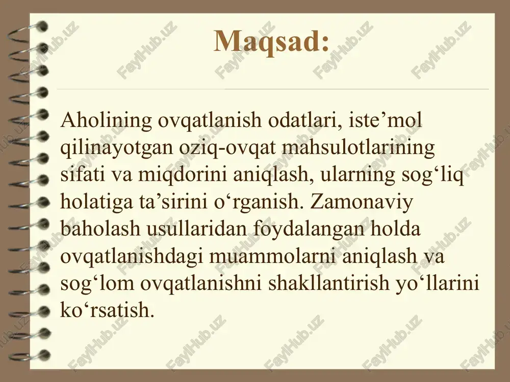 i o'rganish - statistik, laboratoriya. balans usuli oziq-ovqat mahsulotlarini qabul qilishning barcha mumkin bo'lgan manbalari va iste'mol qilish yo'llari bo'yicha doimiy operativ va statistik hisobot ma'lumotlaridan foydalanadi. birinchidan, ishlab chiqarilgan oziq-ovqat mahsulotlarining miqdori aniqlanadi; buning uchun g'alla, kartoshka, sabzavot va boshqa o'simlik mahsulotlarining yalpi hosili hisoblab chiqiladi; chorvachilik va oziq-ovqat sanoati mahsulotlari (un, shakar, go'sht, kolbasa va boshqalar)da chorva mollari va parrandalarning soni va mahsuldorligi ham hisobga olinadi. keyin oziq-ovqat iste'moli miqdori aniqlanadi. xarajatlar turli maqsadlarda amalga oshirilishi mumkin - bular ichki xo'jalik ehtiyojlari (urug'lik, chorva va parrandalar uchun ozuqa va boshqalar), texnik maqsadlar (sovun ishlab chiqarish uchun o'simlik moyidan foydalanish), oziq-ovqat ta'minoti, import va eksport va boshqalar. yuqorida ko'rsatilgan barcha xarajatlar va oziq-ovqat mahsulotlarini olish moddalarini hisobga olgan holda ularni iste'mol qilish miqdorini aniqlash kerak. bu ko'rsatkichlar orasidagi farq oziq-ovqat iste'moli fondidir va uni aholi soniga bo'lish aholi jon boshiga o'rtacha oziq-ovqat iste'molini hisoblab chiqadi. guruh yoki individual fiziologik …