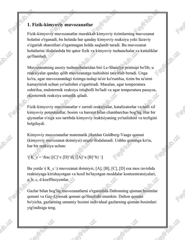 iga asoslanadi, ya’ni energiya yangi yaratilishi yoki yo‘q qilinib ketishi mumkin emas, u faqat bir holatdan ikkinchisiga o‘tkaziladi. bu qonun quyidagi tenglama bilan ifodalanadi: \[ \delta u = q - w \] bu yerda: - \(\delta u\) - tizimning ichki energiyasidagi o‘zgarish; - \(q\) - tizimga kiritilgan yoki undan olingan issiqlik miqdori; - \(w\) - tizim tomonidan bajarilgan yoki unga nisbatan bajarilgan ish. bu qonun energiya o‘zgarishlarining ko‘rsatkichidir va har qanday termodinamik jarayonda energiya balansi ushlab turilganligini ta’minlaydi. ### ikkinchi qonun: entropiya va yo‘qoluvchanligi termodinamikaning ikkinchi qonuni issiqlikning yuqori darajadan past darajaga, o‘z-o‘zidan o'tishini va entropiyaning tezayishi haqida tasavvur beradi. ma’lumki, yopiq tizimdagi entropiya o‘z-o‘zidan o‘zgaradi va faqat oshadi yoki qat’iy ravishda oshmaydi. ### entropiya (\(s\)) entropiya tizimning tartibsizlik yoki tartib o‘lchovidir. ikkinchi qonun shuni anglatadiki, tabiiy jarayonlarda entropiya oshadi. entropiyaning o‘zgarishi quyidagi formula orqali aniqlanadi: \[ \delta s = \frac{q}{t} \] bu yerda: - \(\delta s\) - entropiyaning o‘zgarishi; …
