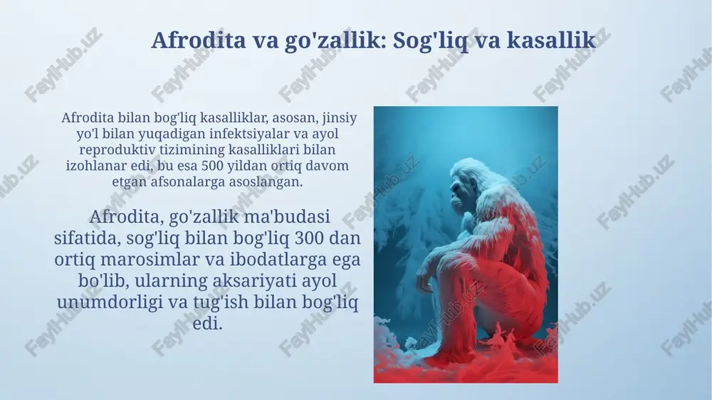 rishi mumkin edi. rim mifologiyasida febris, isitma xudosi, kasalliklarni keltirib chiqaruvchi kuch sifatida tasvirlangan va unga qurbonliklar taklif qilingan. tibbiy belgilar va ramzlar qadimgi yunon shifokorlari kasalliklarni 4 ta asosiy suyuqlik – qon, balg'am, sariq va qora safro muvozanati bilan bog'lashgan, bu g'oya 2000 yildan ortiq davom etgan. rim mifologiyasida gigiena va sog'liqni saqlash ma'budasi salus 3 ta xususiyatga ega edi: salomatlik, farovonlik va davolanish. uning ramzi – gulchambar edi. afsonalar va tibbiy amaliyot qadimgi yunon shifokorlari taxminan 400 ga yaqin o'simlik turini tibbiyotda qo'llaganlar, ularning 200 dan ortig'i hozirgi kunda ham dorivor o'simlik sifatida tan olingan. afsonalarga ko'ra, asklepios - shifo xudosi, ilonlar bilan bog'langan va uning avlodlari tibbiyotning rivojiga katta hissa qo'shgan. apollon va davolanish san'ati apollonning shifo berish bilan bog'liq afsonalari, uning o'lim va tug'ilish ustidan hukmronligi kabi 2 ta qarama-qarshi kuchlarning muvozanatini aks ettiradi. apollonning shifo berish san'atida 7 ta asosiy xudolik atributi mavjud bo'lib, ular …