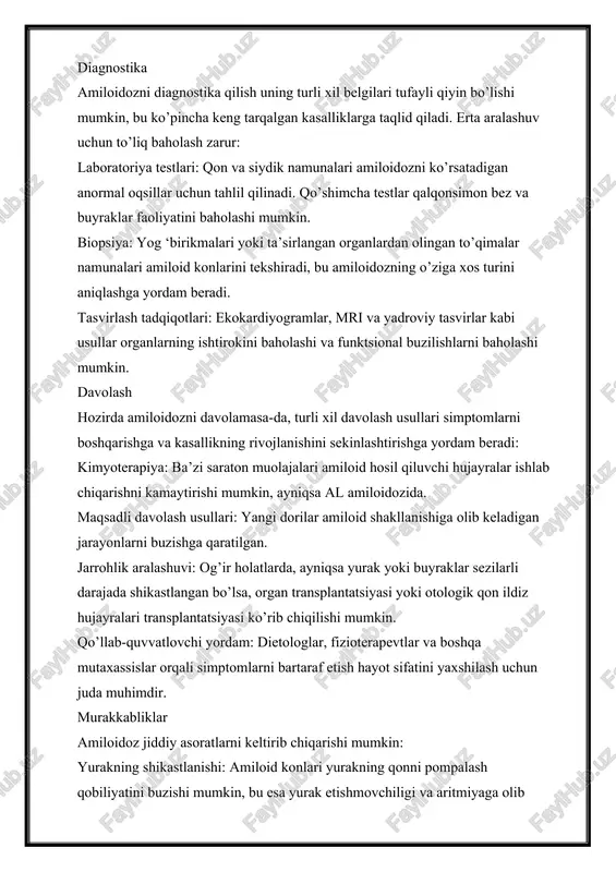 lar namunalari amiloid konlarini tekshiradi, bu amiloidozning o’ziga xos turini aniqlashga yordam beradi. tasvirlash tadqiqotlari: ekokardiyogramlar, mri va yadroviy tasvirlar kabi usullar organlarning ishtirokini baholashi va funktsional buzilishlarni baholashi mumkin. davolash hozirda amiloidozni davolamasa-da, turli xil davolash usullari simptomlarni boshqarishga va kasallikning rivojlanishini sekinlashtirishga yordam beradi: kimyoterapiya: ba’zi saraton muolajalari amiloid hosil qiluvchi hujayralar ishlab chiqarishni kamaytirishi mumkin, ayniqsa al amiloidozida. maqsadli davolash usullari: yangi dorilar amiloid shakllanishiga olib keladigan jarayonlarni buzishga qaratilgan. jarrohlik aralashuvi: og’ir holatlarda, ayniqsa yurak yoki buyraklar sezilarli darajada shikastlangan bo’lsa, organ transplantatsiyasi yoki otologik qon ildiz hujayralari transplantatsiyasi ko’rib chiqilishi mumkin. qo’llab-quvvatlovchi yordam: dietologlar, fizioterapevtlar va boshqa mutaxassislar orqali simptomlarni bartaraf etish hayot sifatini yaxshilash uchun juda muhimdir. murakkabliklar amiloidoz jiddiy asoratlarni keltirib chiqarishi mumkin: yurakning shikastlanishi: amiloid konlari yurakning qonni pompalash qobiliyatini buzishi mumkin, bu esa yurak etishmovchiligi va aritmiyaga olib keladi. buyrak disfunktsiyasi: buyraklarning filtrlash qobiliyati buzilgan bo’lishi mumkin, bu buyrak etishmovchiligiga olib …