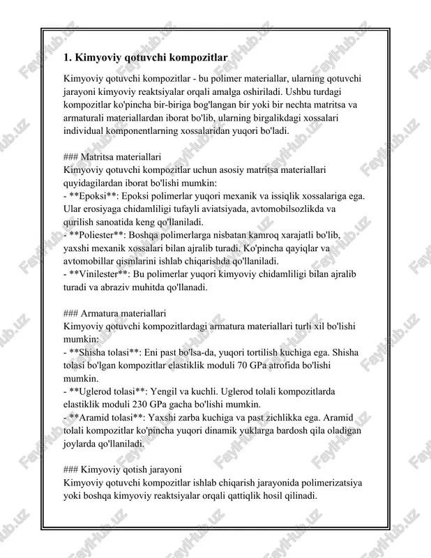 merlar, tolalar va boshqa qo'shimchalar mavjud bo'lib, ularning asosiy xususiyatlarini belgilaydi. quyida nurda qotuvchi kompozitlar bo'yicha ba'zi ma'lumotlar va statistikalar keltiriladi: 1. **tarkibi va tarkibiy qismlar:** - polimerlar: akrylatlar, epoksidlar va uretanlar kabi polimerlar nurda qotuvchi kompozitlar tarkibida keng qo'llaniladi. ushbu polimerlar fotoinitsiatorlar yordamida quyosh nuri yoki uv nuri ta'sirida tezda qotadi. - tolalar: uglerod tolalari, shisha tolalar va aramid tolalari nqknig ahamiyatli tarkibiy qismlaridan biri bo'lib, materialning mexanik va termal xususiyatlarini oshiradi. 2. **fotopolimerizatsiya mexanizmi:** - fotoinitsiatorlar: ushbu moddalar uv yoki ko'rinadigan yorug'lik ta'sirida polimerizatsiya jarayonini boshlaydigan zarrachalardir. ularning konsentratsiyasi odatda 1% - 5% orasida bo'ladi. - polimerizatsiya jarayonlari bir necha soniyadan 2 daqiqagacha davom etishi mumkin, oziqlantirilayotgan energiya miqdoriga va material qalinligiga qarab. 3. **ilovalar va sanoat:** - tibbiyot va stomatologiya: nqk materiallari to'ldiruvchi va protez materiallari sifatida keng qo'llaniladi. ularning qotish vaqti odatda 20-40 soniya orasidadir. - avtomobilsozlik: kompozitlar tashqi pardalar va interyer qismlar uchun ishlatiladi, ular …