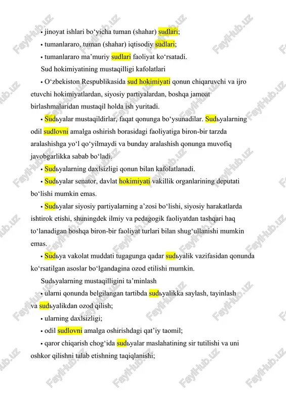 a xorijiy tajribadan kelib chiqqan holda institutsional islohotlarni hayotga tatbiq etish bugungi kunda davlatimiz siyosatida ustuvorlik kasb etmoqda. ayniqsa, odil sudlovda ochiqlik, jamoatchilik mexanizmi qo‘llanilishi, sud hukmi qabul qilinishida insonparvarlik tamoyili namoyon bo‘lishi aholi haq-huquqlari, manfaatlarini qonuniy kafolatlayotir. albatta, buni sud-huquq sohasiga katta e’tibor qaratilayotgani natijasi, deyish mumkin. binobarin, tizimda so‘nggi yillarda tatbiq etilayotgan muayyan chora-tadbirlarga ko‘ra, avvalo, sudlarning moliyaviy mustaqilligi kuchaytirildi. sudlarni moliyalashtirish tizimi xalqaro standartlarga muvofiqlashtirildi. prezidentimizning 2021 yil 13 yanvardagi “sud organlari faoliyatini moliyalashtirish tizimini tubdan takomillashtirish chora-tadbirlari to‘g‘risida”gi farmoniga muvofiq, sudya va sud organlari xodimlarining ish haqlari hamda qo‘shimcha to‘lovlari to‘liqligicha davlat budjeti mablag‘lari hisobidan moliyalashtirilmoqda. shuningdek, sudyalarning ijtimoiy himoyasi kuchaytirilgani ham e’tiborga molik. bular, albatta, sudning mustaqilligini ta’minlovchi muhim kafolat bo‘lib xizmat qilmoqda. yana bir muhim jihat, mamlakatimizning yangi tahrirdagi konstitutsiyasida ham tizimdagi islohotlar huquqiy jihatdan mustahkamlandi. zero, bosh qomusimizda sud hokimiyatining moliyaviy mustaqilligini ta’minlashga oid alohida modda kiritilgani sudlar mustaqilligi kafolatlarini kuchaytirishga xizmat qiladi. …