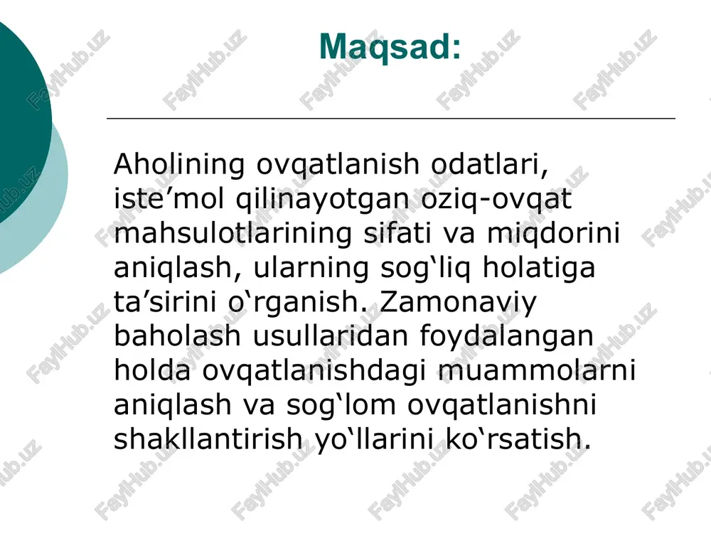 i o'rganish - statistik, laboratoriya. balans usuli oziq-ovqat mahsulotlarini qabul qilishning barcha mumkin bo'lgan manbalari va iste'mol qilish yo'llari bo'yicha doimiy operativ va statistik hisobot ma'lumotlaridan foydalanadi. birinchidan, ishlab chiqarilgan oziq-ovqat mahsulotlarining miqdori aniqlanadi; buning uchun g'alla, kartoshka, sabzavot va boshqa o'simlik mahsulotlarining yalpi hosili hisoblab chiqiladi; chorvachilik va oziq-ovqat sanoati mahsulotlari (un, shakar, go'sht, kolbasa va boshqalar)da chorva mollari va parrandalarning soni va mahsuldorligi ham hisobga olinadi. keyin oziq-ovqat iste'moli miqdori aniqlanadi. xarajatlar turli maqsadlarda amalga oshirilishi mumkin - bular ichki xo'jalik ehtiyojlari (urug'lik, chorva va parrandalar uchun ozuqa va boshqalar), texnik maqsadlar (sovun ishlab chiqarish uchun o'simlik moyidan foydalanish), oziq-ovqat ta'minoti, import va eksport va boshqalar. yuqorida ko'rsatilgan barcha xarajatlar va oziq-ovqat mahsulotlarini olish moddalarini hisobga olgan holda ularni iste'mol qilish miqdorini aniqlash kerak. bu ko'rsatkichlar orasidagi farq oziq-ovqat iste'moli fondidir va uni aholi soniga bo'lish aholi jon boshiga o'rtacha oziq-ovqat iste'molini hisoblab chiqadi. guruh yoki individual fiziologik …