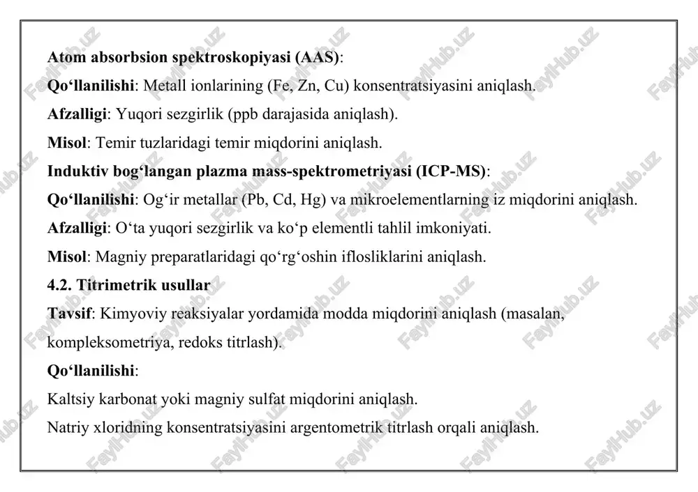 avoning terapevtik ta'sirini kafolatlash. masalan, temir tuzlaridagi fe²⁺ miqdori anemiyani davolashda muhim. barqarorlik: dori vositasining saqlash muddati davomida kimyoviy va fizik xususiyatlarini saqlab qolishini ta'minlash. standartlashtirish: xalqaro farmakopeya talablariga (ich, usp, ph. eur.) muvofiqlikni ta'minlash, bu esa global bozorda dori vositalarining qabul qilinishini osonlashtiradi. zamonaviy yutuqlar va muammolar zamonaviy yutuqlar: avtomatlashtirilgan tahlil tizimlari: robotlashtirilgan aas va icp-ms tizimlari tahlil vaqtini qisqartiradi va inson xatolarini kamaytiradi. ekologik jihatdan xavfsiz usullar: organik erituvchilarni kamaytiruvchi “yashil kimyo” tamoyillariga asoslangan tahlil usullari. sun’iy intellekt (ai): tahlil natijalarini avtomatik ravishda tahlil qilish va iflosliklarni bashorat qilish. muammolar: yuqori sezgirlikdagi jihozlarning qimmatligi va ulardan foydalanish uchun malakali mutaxassislar zaruriyati. noorganik dori vositalarining polimorf shakllari yoki gidratatsiya darajasini aniqlashdagi qiyinchiliklar. global farmakopeyalar o‘rtasidagi standartlarning to‘liq garmonizatsiya qilinmagani. xulosa farmatsevtik tahlil noorganik dori vositalarining sifatini nazorat qilishda muhim vosita bo‘lib, ularning xavfsizligi, samaradorligi va barqarorligini ta'minlaydi. spektroskopik, titrimetrik, xromatografik va termik usullar noorganik moddalarning kimyoviy va fizik xususiyatlarini …