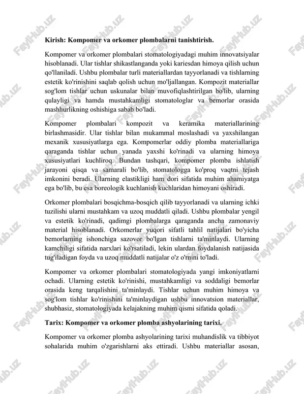 ab zarbalar va ta'sirlarga chidamlidir, shuningdek, oziq-ovqat ishlab chiqarish va tibbiyotda keng qo'llanilmoqda. finalda, kompomer va orkomer plomba ashyolarining tarixi muhandislik, tibbiyot va shuningdek estetik ta'minot sohalarida juda muhim ekanligi ayon. ular zamonaviy rivojlanish uchun katta imkoniyatlar yaratmoqda va kelgusida ham yangi muammolarni hal etish uchun tayyor materiales sifatida xizmat qiladi. tarkibi: kompomer va orkomer plomba ashyolarining kimyoviy tarkibi. kompomer va orkomer plomba ashyolari, zamonaviy stomatologiyada keng qo'llaniladigan materiallardir. ushbu ashyolar dental parchalash sifatini oshirish maqsadida maxsus kimyoviy komponentlar tarkibidan iborat. ular asosan polimerlar, inert to'ldirish materiallari va ximiyoviy bog'lovchilardan tashkil topgan. kompomerlar, plastmassani, metallni va boshqa organik moddalarni o'z ichiga oladi. ularning asosiy komponenti epoksi yoki akril polimerlar hisoblanadi. bu polimerlar, kuchli to'qnashuv va birlashtirish xususiyatlarini ta'minlaydi. kompomerlarning kimyoviy tarkibiga qo'shilgan to'ldirish materiallari, masalan, silika yoki boshqa mineral materiallar, kuch va qattiqlikni oshirib, materialning umummashinalarini yaxshilashga yordam beradi. orkomer plomba ashyolari esa, ko'p hollarda akril kislotasi asosidagi polimerlarni o'z …