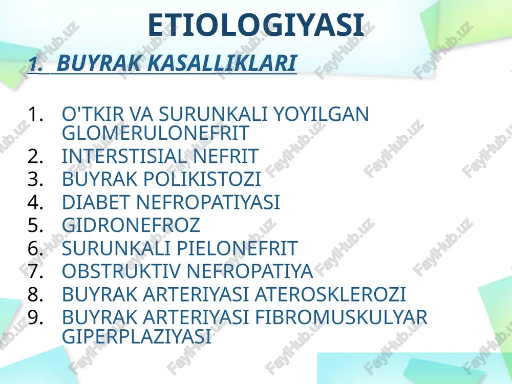 ing kamayishi bilan bog’liq e. miya o’smalarida va uning ba’zi bir organik shikastlanishida gipertenziya genezi tomir tonusini boshqaradigan miya po’stlog’i osti sohalarining ta’sirlanishi bilan bog’liq klinik ko'rinishi - arteriya bosimi va asosiy kasallik belgilari yig'indisi bilan ifodalanadi. buyrak kasalliklarida kuzatiladigan sag: glomerulonefrit pielonefrit buyrak amiloidozi diabet nefropatiyasi ichki sekresiya bezlariga xos sag a) akromegaliya – gipofiz adenomasi ta'sirida ko'p miqdorda bo'y o'stiruvchi somatotrop gormon (stg) – somatodin s ishlab chiqariladi. adenoma “turk egari”ni shikastlaydi – butunligini buzadi (rentgenogrammada, kt, mrt da ko'rinadi) klinikasi: qonda stg, fosfor miqdori ko'payadi, giperkalsiyuriya b) feoxromositoma – buyrak usti bezi miya qavatining o'smasi – katexolaminlar ko'p ajraladi. ag kriz harakterida, sababi katexolaminlar qonga ko'p miqdorda nomuntazam ajraladi. xuruj 1 soatdan kamroq davom etadi: jismoniy zo'riqishda, siydik chiqarilganda, qorinni chuqur paypaslaganda kuchayadi. bosh og'rig'i taxikardiya oriqlash abdominal sindrom – og'riq, dispepsiya, qabziyat, giperglikemiya, kriz vaqtida qonda katexolamin miqdori yuqori. tashxislash: skanirlash, ut tekshiruvi, kt c) isenko-kushing …