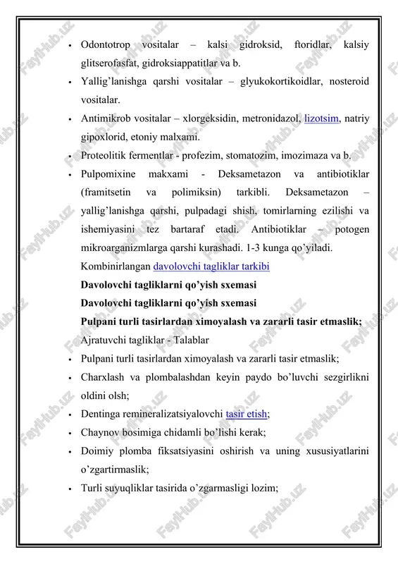 k. odontotrop – ca(oh)2 asosli davolovchi tagliklar ex tempore – tayyorlanadi biologik davolovchi tagliklarning tarkibi va xususiyatlari fermentlar yallig’lanishga karshi moddalar antimikrob moddalar qo’shimcha moddalar ex tempore – tayyorlanadiqotmaydimexanik mustaxkam emaso’zining faolligini tez yo’qotadi1-2 kunga qo’yiladi va ca(oh)2 tarkibli davolovchi taglikka almashtiriladiodontotrop vositalar – kalsi gidroksid, ftoridlar, kalsiy glitserofasfat, gidroksiappatitlar va b.odontotrop vositalar – kalsi gidroksid, ftoridlar, kalsiy glitserofasfat, gidroksiappatitlar va b.yallig’lanishga qarshi vositalar – glyukokortikoidlar, nosteroid vositalar.antimikrob vositalar – xlorgeksidin, metronidazol, lizotsim, natriy gipoxlorid, etoniy malxami.proteolitik fermentlar - profezim, stomatozim, imozimaza va b.pulpomixine makxami - deksametazon va antibiotiklar (framitsetin va polimiksin) tarkibli. deksametazon – yallig’lanishga qarshi, pulpadagi shish, tomirlarning ezilishi va ishemiyasini tez bartaraf etadi. antibiotiklar – potogen mikroarganizmlarga qarshi kurashadi. 1-3 kunga qo’yiladi. kombinirlangan davolovchi tagliklar tarkibi davolovchi tagliklarni qo’yish sxemasidavolovchi tagliklarni qo’yish sxemasipulpani turli tasirlardan ximoyalash va zararli tasir etmaslik; ajratuvchi tagliklar - talablar pulpani turli tasirlardan ximoyalash va zararli tasir etmaslik;charxlash va plombalashdan keyin paydo bo’luvchi …