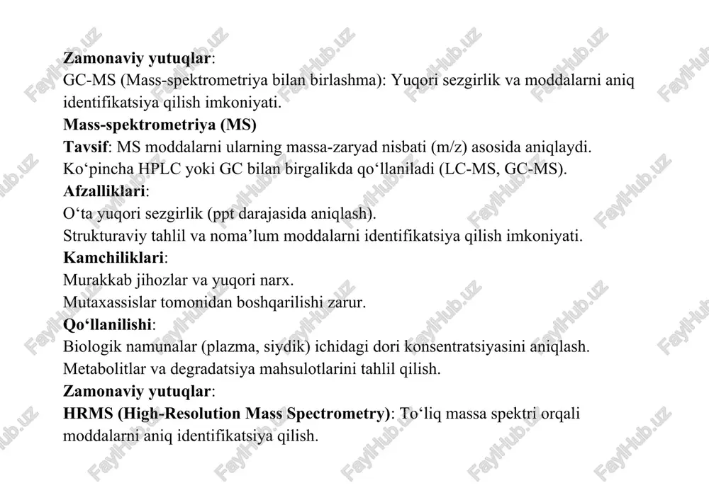 hiliklari: murakkab aralashmalar uchun cheklovlar. standartlashtirish qiyin. qo‘llanilishi: proteinlar va peptidlarning miqdorini aniqlash. xiral moddalar tahlili. zamonaviy yutuqlar: ce-ms birlashmasi orqali yuqori sezgirlik va strukturaviy tahlil. biologik usullar (elisa va boshqa immunotahlillar) tavsif: biologik faol moddalar (masalan, monoklonal antitelolar, vaksinalar) miqdorini aniqlash uchun antijen-anti-tana o‘zaro ta’siridan foydalaniladi. afzalliklari: yuqori spesifiklik va sezgirlik. biologik namunalar uchun ideal. kamchiliklari: faqat biologik moddalar uchun mos. vaqt talab qiladi. qo‘llanilishi: biotexnologik dori vositalarining konsentratsiyasini aniqlash. farmakokinetik tadqiqotlar. sun’iy intellekt va avtomatlashtirish tavsif: sun’iy intellekt (ai) va mashinaviy o‘qitish tahlil jarayonlarini optimallashtirish va ma’lumotlarni avtomatik tahlil qilishda qo‘llaniladi. afzalliklari: katta hajmdagi ma’lumotlarni tez tahlil qilish. inson xatolarini kamaytirish. kamchiliklari: yuqori boshlang‘ich investitsiyalar. malakali mutaxassislar talab qilinadi. qo‘llanilishi: hplc va ms ma’lumotlarini avtomatik tahlil qilish. dori moddalarining barqarorlik profilini bashorat qilish. xulosa dori vositalarining miqdorini aniqlashning zamonaviy usullari hplc, ms, nmr va biologik tahlillar kabi texnologiyalarga asoslanadi. ushbu usullar yuqori aniqlik, sezgirlik va moslashuvchanlikni ta'minlaydi. zamonaviy …