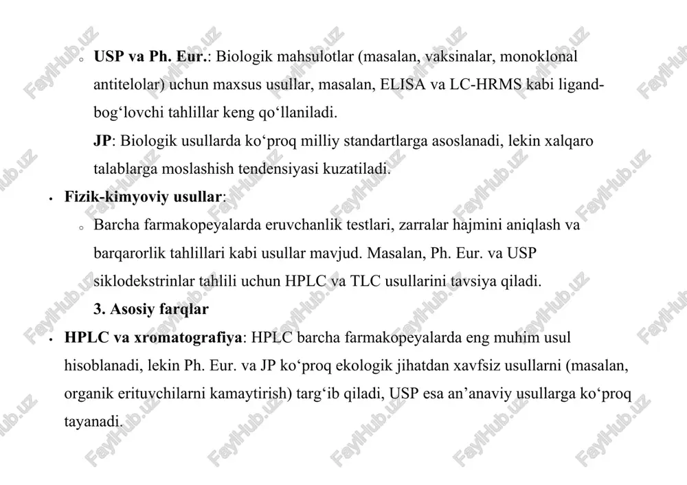 t qilsa-da, ularning yondashuvlari va afzalliklari har bir mintaqaning qonunchilik, bozor va ilmiy talablariga qarab farqlanadi. ph. eur. innovatsion va ekologik usullarda yetakchilik qiladi, usp keng qamrovli va global miqyosda qo‘llaniladi, jp esa mahalliy ehtiyojlarga moslashtirilgan. garmonizatsiya jarayonlari davom etmoqda, lekin to‘liq yagona standartlarga erishish uchun hali ko‘p ish qilinishi kerak.