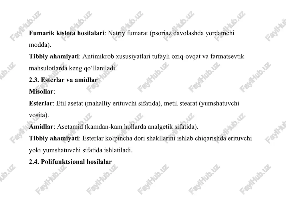 ik tahlili termik tahlil: differensial skanlovchi kalorimetriya (dsc) yoki termogravimetriya (tga) yordamida moddaning termik barqarorligini aniqlash. misol: natriy suktsinatning suv tarkibini tga bilan aniqlash. degradatsiya mahsulotlari: hplc yoki lc-ms yordamida saqlash sharoitlarida hosil bo‘ladigan degradatsiya mahsulotlarini aniqlash. tibbiy ahamiyati alifatik karbon kislotalar hosilalari tibbiyotda quyidagi sohalarda muhim rol o‘ynaydi: davolash: natriy sitrat qon koagulyatsiyasini boshqarishda (masalan, gemodializda) ishlatiladi. kaltsiy asetat fosfat bog‘lovchi sifatida buyrak yetishmovchiligida qo‘llaniladi. sifat nazorati: ph. eur. standartlari ushbu moddalarning xavfsizligini ta’minlaydi, masalan, toksik iflosliklar (og‘ir metallar, organik qoldiqlar) yo‘qligini kafolatlaydi. yordamchi moddalar: kaliy sorbat va natriy propionat antimikrob konservant sifatida farmatsevtik mahsulotlarning saqlash muddatini uzaytiradi. bufer tizimlari: natriy asetat va natriy sitrat in’ektsiya eritmalarida ph muvozanatini saqlash uchun ishlatiladi. zamonaviy yutuqlar va muammolar zamonaviy yutuqlar: uhplc (ultra-high performance liquid chromatography): alifatik kislotalar hosilalarini tez va yuqori aniqlikda tahlil qilish. yashil kimyo: organik erituvchilarni kamaytiruvchi ekologik jihatdan xavfsiz tahlil usullari. avtomatlashtirish: hplc va icp-ms tizimlarida ai yordamida …
