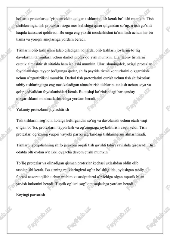zma konturlarini o’zgartirish uchun o’zgartirilishi mumkin. darhol tish protezlarini qurish uchun tish shifokorlari tabiiy tishlaringizga eng mos keladigan almashtirish tishlarini tanlash uchun soya va qolip jadvalidan foydalanishlari kerak. bu tashqi ko’rinishdagi har qanday o’zgarishlarni minimallashtirishga yordam beradi. yakuniy protezlarni joylashtirish tish tishlarini sog’lom holatga keltirgandan so’ng va davolanish uchun etarli vaqt o’tgan bo’lsa, protezlarni tayyorlash va og’zingizga joylashtirish vaqti keldi. tish protezlari og’izning yuqori va/yoki pastki jag’laridagi tishlaringizni almashtiradi. tishlarni yo’qotishning shifo jarayoni orqali tish go’shti tabiiy ravishda qisqaradi. bu odatda olti oydan o’n ikki oygacha davom etishi mumkin. to’liq protezlar va olinadigan qisman protezlar kechasi uxlashdan oldin olib tashlanishi kerak. bu sizning milklaringizni og’iz bo’shlig’ida joylashgan tabiiy florani nazorat qilish uchun muhim xususiyatlarni o’z ichiga olgan tupurik bilan yuvish imkonini beradi. tuprik og’izni sog’lom saqlashga yordam beradi. keyingi parvarish og’izni sog’lom saqlash uchun protezlaringizga g’amxo’rlik qilish muhimdir. tish protezlaringizni ertalab ham, yotishdan oldin ham tozalang. bundan tashqari, ovqatdan keyin …