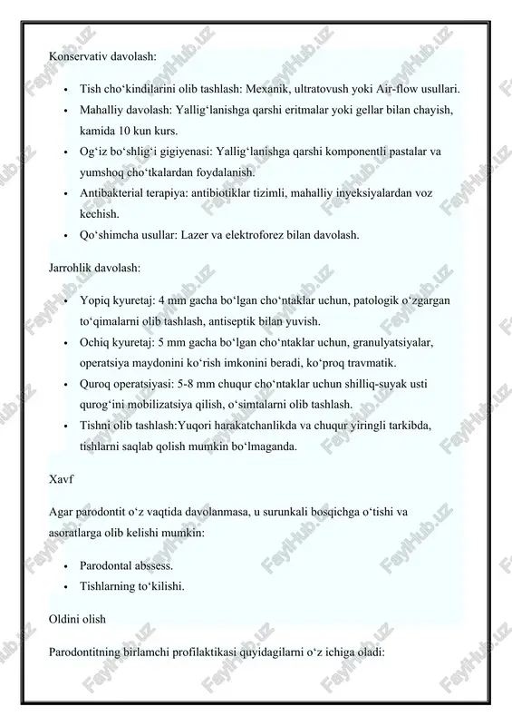 siya maydonini ko‘rish imkonini beradi, ko‘proq travmatik. · quroq operatsiyasi: 5-8 mm chuqur cho‘ntaklar uchun shilliq-suyak usti qurog‘ini mobilizatsiya qilish, o‘simtalarni olib tashlash. · tishni olib tashlash:yuqori harakatchanlikda va chuqur yiringli tarkibda, tishlarni saqlab qolish mumkin bo‘lmaganda. xavf agar parodontit o‘z vaqtida davolanmasa, u surunkali bosqichga o‘tishi va asoratlarga olib kelishi mumkin: · parodontal abssess. · tishlarning to‘kilishi. oldini olish parodontitning birlamchi profilaktikasi quyidagilarni o‘z ichiga oladi: · og‘iz bo‘shlig‘ining puxta gigiyenasi: tishlarni muntazam tozalash, tish ipidan foydalanish. · stomatologga muntazam tashrif buyurish: yallig‘lanish sanatsiyasi, yiliga 1-2 marta professional tish tozalash. · prikus korreksiyasi: o‘z vaqtida ortodontik korreksiya. · osteoporoz tekshiruvi: agar bu holatga shubha bo‘lsa. ikkilamchi profilaktika kuchayishning oldini olishga qaratilgan bo‘lib, quyidagilarni o‘z ichiga oladi: · yumshoq tish cho‘tkalari va pastalari: milklarni mustahkamlaydi. · doimiy chayish: yallig‘lanishga qarshi eritmalar bilan. karies va parodont kasalliklari profilaktikasi asoslari bilan tanishtirish, ma’lumot berish, stomatologik kasalliklar profilaktikasi tadbirlarini ishlab chiqishni va rejalashtirishni, …
