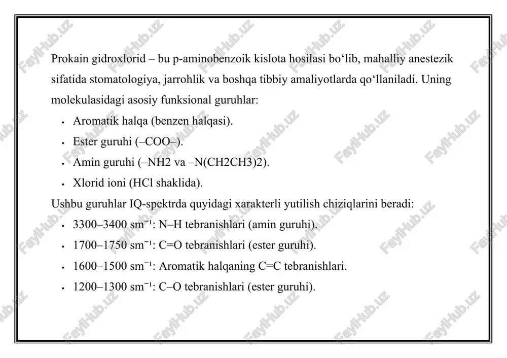 inlash. e) biologik namunalar tahlili (cheklangan qo‘llanish) · maqsadi: qon yoki to‘qimalardagi prokain gidroxlorid yoki uning metabolitlarini aniqlash. · jarayon: biologik namunalar oldindan tozalanadi (ekstraksiya qilinadi), so‘ngra ftir yoki atr (attenuated total reflectance) usullari bilan tahlil qilinadi. bu usul odatda tadqiqot maqsadlarida qo‘llaniladi. · tibbiyotdagi ahamiyati: farmakokinetik tadqiqotlar va toksikologik monitoring. 4. iq-spektroskopiya usullarining turlari prokain gidroxlorid tahlilida quyidagi iq-spektroskopiya turlari qo‘llaniladi: · fourier-transformali iq-spektroskopiya (ftir): eng keng tarqalgan usul bo‘lib, yuqori aniqlik va tezkor tahlil imkonini beradi. prokain gidroxloridning kukun shaklidagi namunasi kbr pelletlari sifatida tayyorlanadi yoki to‘g‘ridan-to‘g‘ri atr moduli yordamida tahlil qilinadi. · attenuated total reflectance (atr-ftir): namunani tayyorlash talab qilinmaydi, bu esa tez va qulay tahlilni ta’minlaydi. farmatsevtik preparatlarni joyida tekshirish uchun ideal. · yaqin infraqizil spektroskopiya (nir): prokain gidroxloridning identifikatsiyasi va sifat nazorati uchun ishlatiladi, lekin kamroq aniqlikka ega. 5. afzalliklari va cheklovlari afzalliklari: · yuqori selektivlik: prokain gidroxloridning xarakterli funksional guruhlarini aniq aniqlaydi. · tezkor …