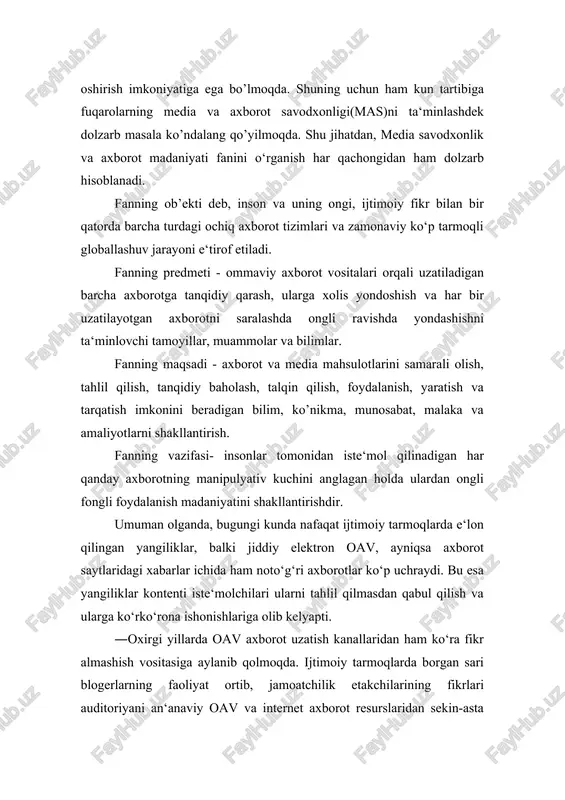 aluvchilar orasida keng muhokama qilinyapti. zamonaviy kommunikasiya vositalari borgan sari tekshirilmagan yoki mishmishlarga asoslanib tarqatilayotgan axborot manbalariga aylanib qolmoqda. afsuski, buni nazorat qilish imkonsizligicha qolmoqda. olimlar postindustrial jamiyat nazariyasida axborot qadriyatdan tovarga aylanarkan, uning sifati ham talab darajasida o‘zgarishi tabiiy holligi ta‘kidlaydilar. xalqaro ekspertlarning axborot resurslari borgan sari ―feyk xabarlarga to‘lib borayotgani va insoniyat yangi davr – post haqiqat (post truth) davriga o‘tayotgani xususidagi xavotirlari o‘zini oqladi. oksford lug‘atiga ko‘ra, ―post-haqiqat iborasi 2016 yil atamasi sifatida e‘tirof etildi. «post-haqiqat – jamoatchilik fikrini shakllantirishda ob‘ektiv dalillar jamoatchilik fikrini shakllantirishda hissiyotlar va shaxsiy e‘tiqodlarga murojaat qilishdan ko’ra kamroq ahamiyatga ega bo’lgan holatlar». siyosiy madaniyatda post-haqiqat deganda asosan muloqot doirasining his-tuyg’ulari va shaxsiy e‘tiqodlariga murojaat qilish orqali (siyosiy voqelikning tafsilotlari e‘tiborsiz qolsa-da), bir xil dalillarni takrorlash va ma‘lum bir tushunchaga zid bo’lgan ob‘ektiv faktlarni e‘tiborsiz qoldirish orqali shakllangan diskurs tushuniladi. posthaqiqat strategiyasi bugungi kunda juda mashhur qiladigan narsa shundaki, axborot manbalarining parchalanishi yolg’on, …