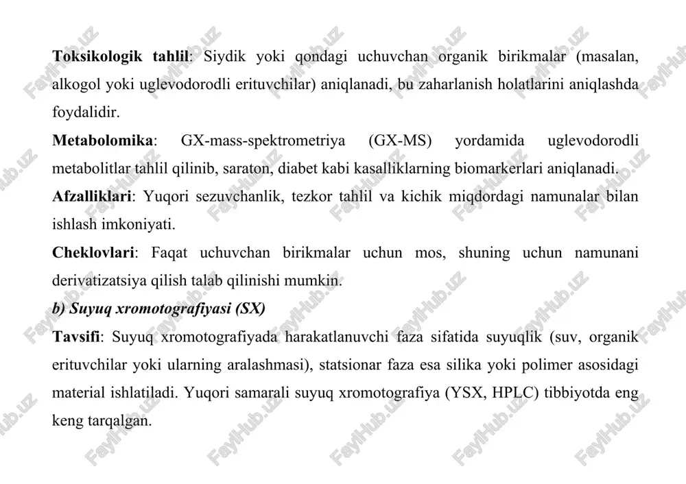 ombinatsiya quyidagi afzalliklarni beradi: yuqori sezuvchanlik: mikro miqdordagi uglevodorodlarni aniqlash imkoniyati. strukturaviy tahlil: uglevodorodlarning kimyoviy tuzilishini aniqlash, bu biomarkerlarni identifikatsiya qilishda muhim. tibbiy qo‘llanilishi: saraton biomarkerlarini aniqlash: qondagi uglevodorodli metabolitlar (masalan, lizofosfatidik kislota) saratonning erta diagnostikasida ishlatiladi. farmakologik tadqiqotlar: dori vositalarining uglevodorodli metabolitlarini aniqlash va ularning organizmda tarqalishini o‘rganish. genetik kasalliklar: lizosomal saqlash kasalliklari kabi holatlarda lipidlarning patologik to‘planishini aniqlash. tibbiyotdagi muhim qo‘llanish sohalari uglevodorodlarning xromotografik tahlili tibbiyotning quyidagi yo‘nalishlarida muhim rol o‘ynaydi: diagnostika: lipidomika: qon yoki to‘qimadagi lipidlar profilini tahlil qilish orqali yurak-qon tomir kasalliklari, diabet va neyrodegenerativ kasalliklar aniqlanadi. endokrinologiya: steroid gormonlarning miqdoriy tahlili endokrin buzilishlarni (masalan, kushning sindromi) aniqlashda yordam beradi. farmakologiya: dori vositalarining metabolitlarini tahlil qilish, ularning samaradorligi va xavfsizligini baholash. yangi dori vositalarining sintezi va sifat nazorati. toksikologiya: organizmga tushgan zaharli uglevodorodlar (masalan, benzol yoki toluol) miqdorini aniqlash. atrof-muhit toksinlarining ta’sirini baholash. tadqiqotlar: metabolomika va proteomika sohasida uglevodorodli birikmalarni o‘rganish. o‘simliklardan olingan uglevodorodli birikmalarning tibbiy …
