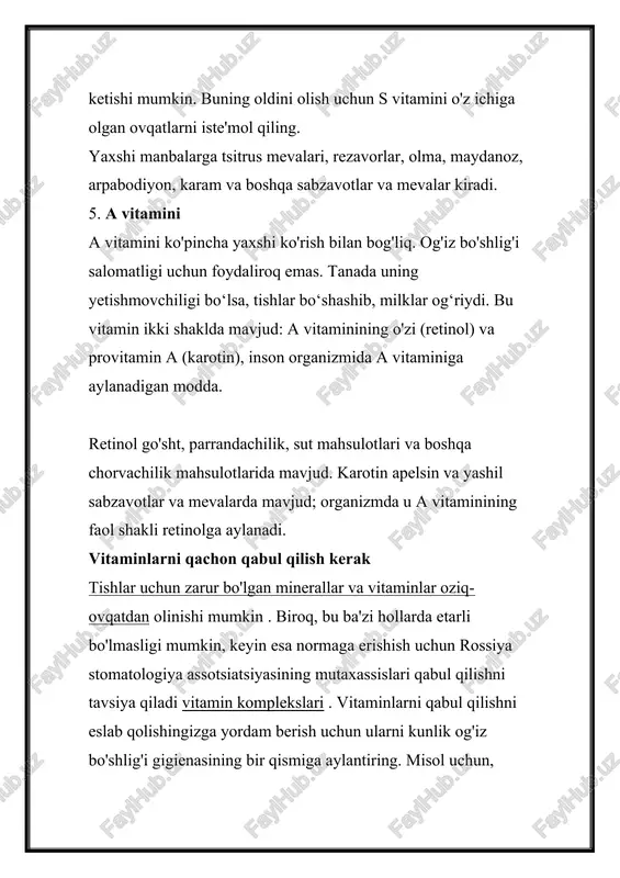 i qabul qilishni yoki dietangizni o'zgartirishni boshlashdan oldin, tish shifokoringiz va shifokoringiz bilan maslahatlashing. vitaminlarning o'zi zararsiz bo'lib tuyulishi mumkin bo'lsa-da, ba'zida qo'shimchalar retsept bo'yicha ba'zi dorilar bilan mos kelmaydi. "eng yaxshisi yaxshining dushmani" degan iborani ham eslash kerak. shifokor yoki tish shifokorining yordami bilan siz og'iz bo'shlig'ining sog'lig'ini saqlash va muvozanatli va xilma-xil dietani yaratish uchun vitaminlarni tanlashingiz mumkin. vitaminlar va minerallarning inson salomatligi uchun ahamiyatini inkor etib bo'lmaydi. shu bilan birga, tishlar va tish go'shti ham hayotni qo'llab-quvvatlovchi tizimlar kabi foydali va to'yimli moddalarga muhtoj. etarli miqdorda minerallar va vitaminlar olish og'iz bo'shlig'i salomatligiga g'amxo'rlik qilishga va kasalliklarning oldini olishga yordam beradi. shuningdek o'qing tish salomatligiga salbiy ta'sir ko'rsatadigan yomon odatlartish cho'tkasini qanday tanlash kerakuy tish gigienasiga oid asosiy savollar tishlar va milklar uchun qanday moddalar kerak? og'iz bo'shlig'i sog'lig'ini saqlashda yaxshi gigienadan tashqari, insonning ovqatlanishi ham muhim rol o'ynaydi. oziq-ovqat tarkibidagi vitaminlar va minerallar tufayli tish va …