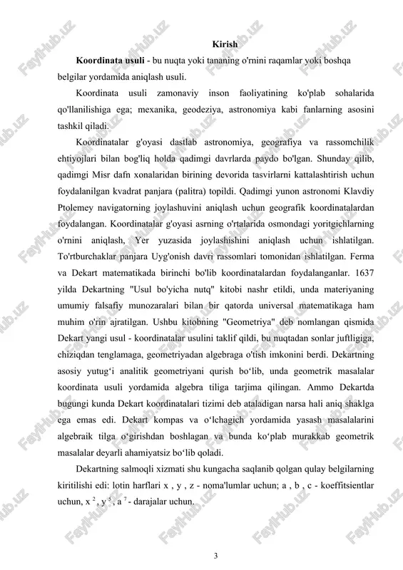 dagi asosiy tushunchalar oddiy geometriyadan olingan, lekin algebra tilida yoziladi, natijada geometrik shakllarni o'rganish vositasiga aylanadi. koordinata usulining xarakterli xususiyati - geometrik figuralarni tenglamalar yordamida aniqlash, geometrik tadqiq qilish va geometrik masalalarni algebra yordamida yechish imkonini beradi. koordinata usuli geometrik tadqiqotlarga algebraik xususiyat berib, geometriyaga algebraning eng muhim xususiyatini - masalalarni yechish usullarining bir xilligini beradi. agar arifmetik va elementar geometriyada, qoida tariqasida, har bir masala uchun maxsus yechim izlash zarur bo‘lsa, algebra va analitik geometriyada yechimlar barcha masalalar uchun umumiy bo‘lgan, har qanday masalaga oson moslashtirilgan reja bo‘yicha amalga oshiriladi. aytish mumkinki, analitik geometriya elementar geometriyaga nisbatan algebra arifmetikaga nisbatan xuddi shunday pozitsiyani egallaydi. algebraga xos bo'lgan va shuning uchun katta umumiylikka ega bo'lgan masalalarni yechish usullarini geometriyaga o'tkazish koordinata usulining asosiy qiymatini tashkil qiladi. biroq, o'quvchini elementar geometriya usullariga befarq munosabatda bo'lishdan ogohlantirish kerak, chunki ba'zi hollarda ular koordinata usuli bilan olinganidan ko'ra soddaroq bo'lgan oqlangan echimlarni topishga …